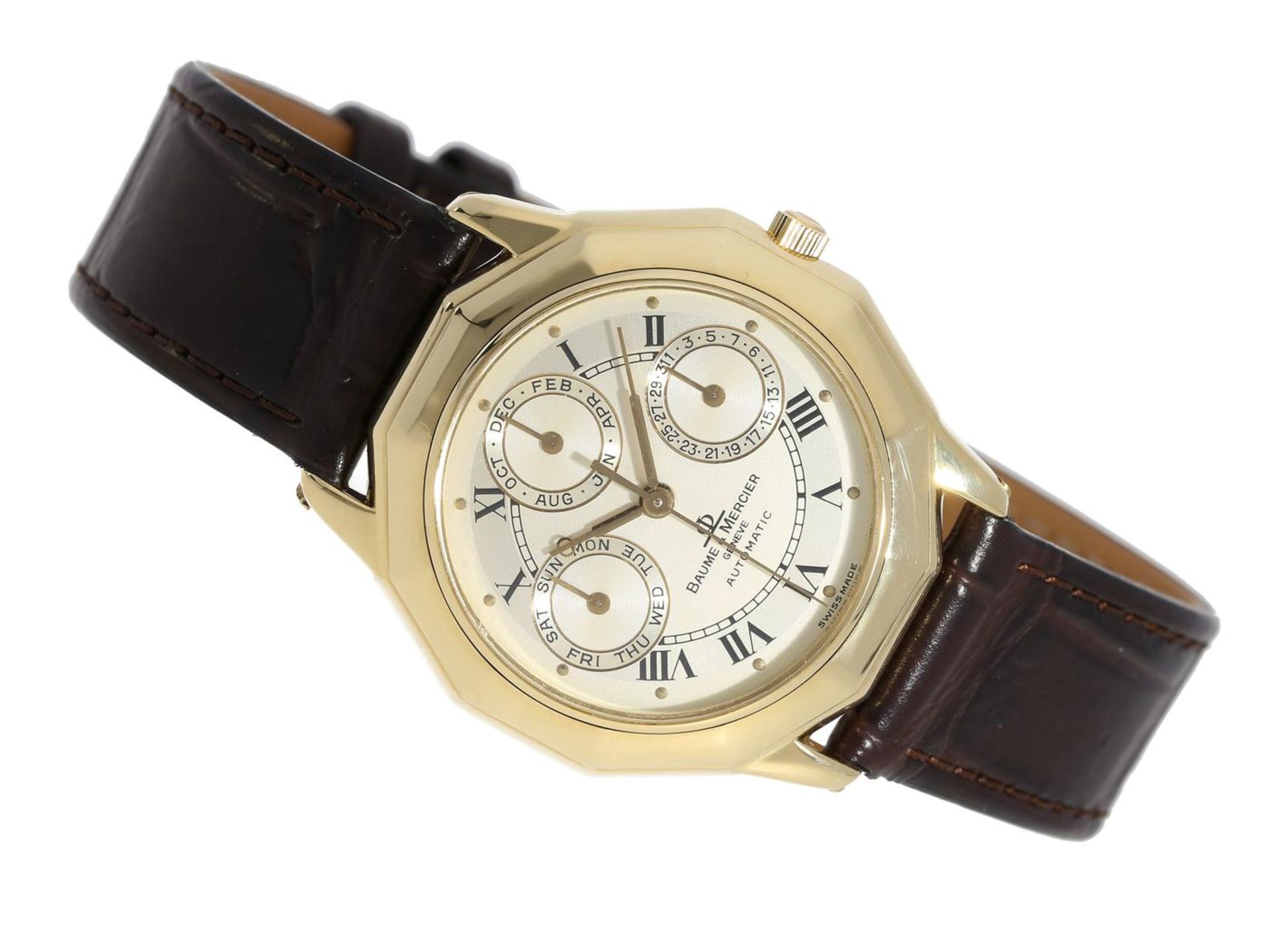 Armbanduhr: sehr luxuriöse und limitierte 18K Gold Herrenuhr mit Vollkalender, Baume & Mercier "