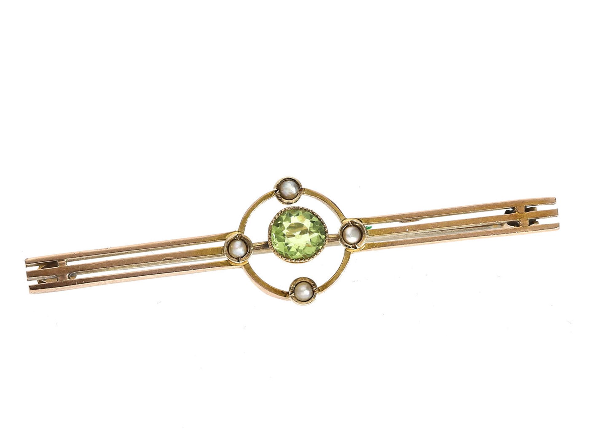 Brosche: feine antike, irische Jugendstil Brosche mit Peridot und Saatperlen, Originalbox Ca. 48 ×