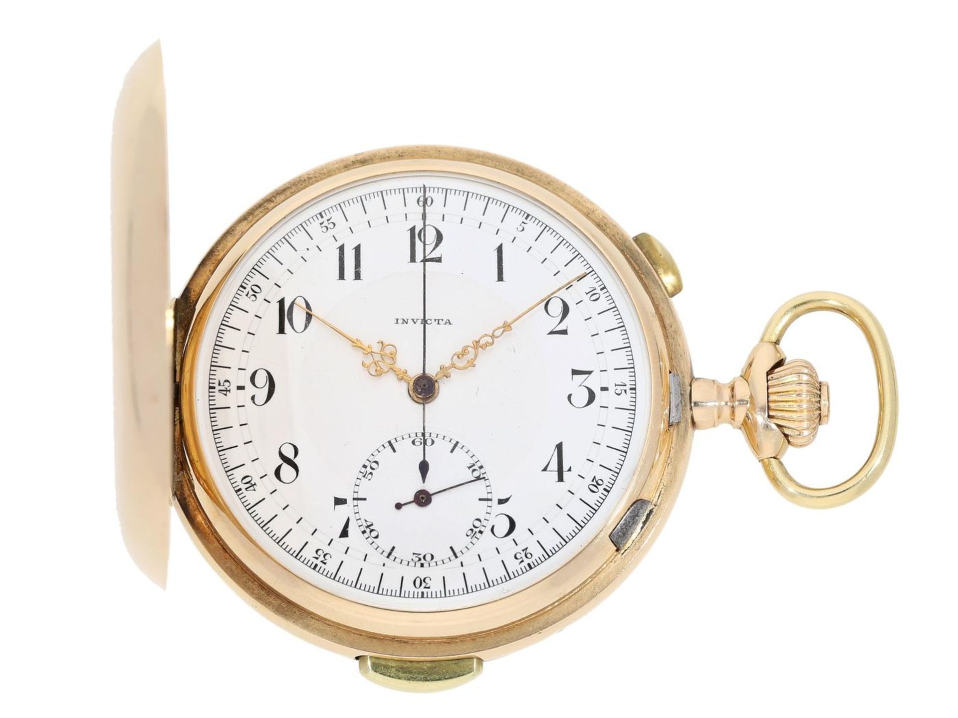 Taschenuhr: Goldsavonnette mit Repetition und Chronograph, Invicta Schweiz No.92411, ca. 1900 Ca.