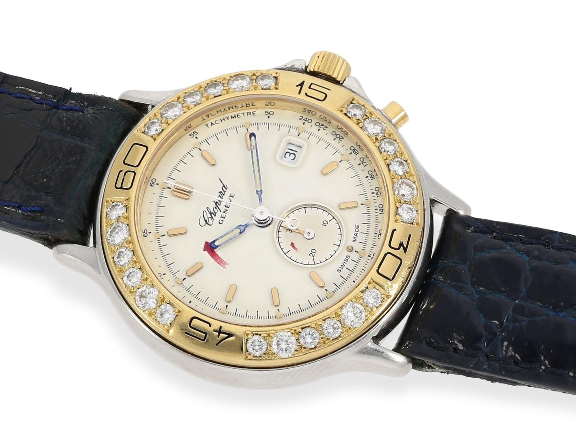 Armbanduhr: Luxuriöser Damen-Chronograph mit Brillantbesatz, Chopard "Mille Miglia" Gold/Edelstahl