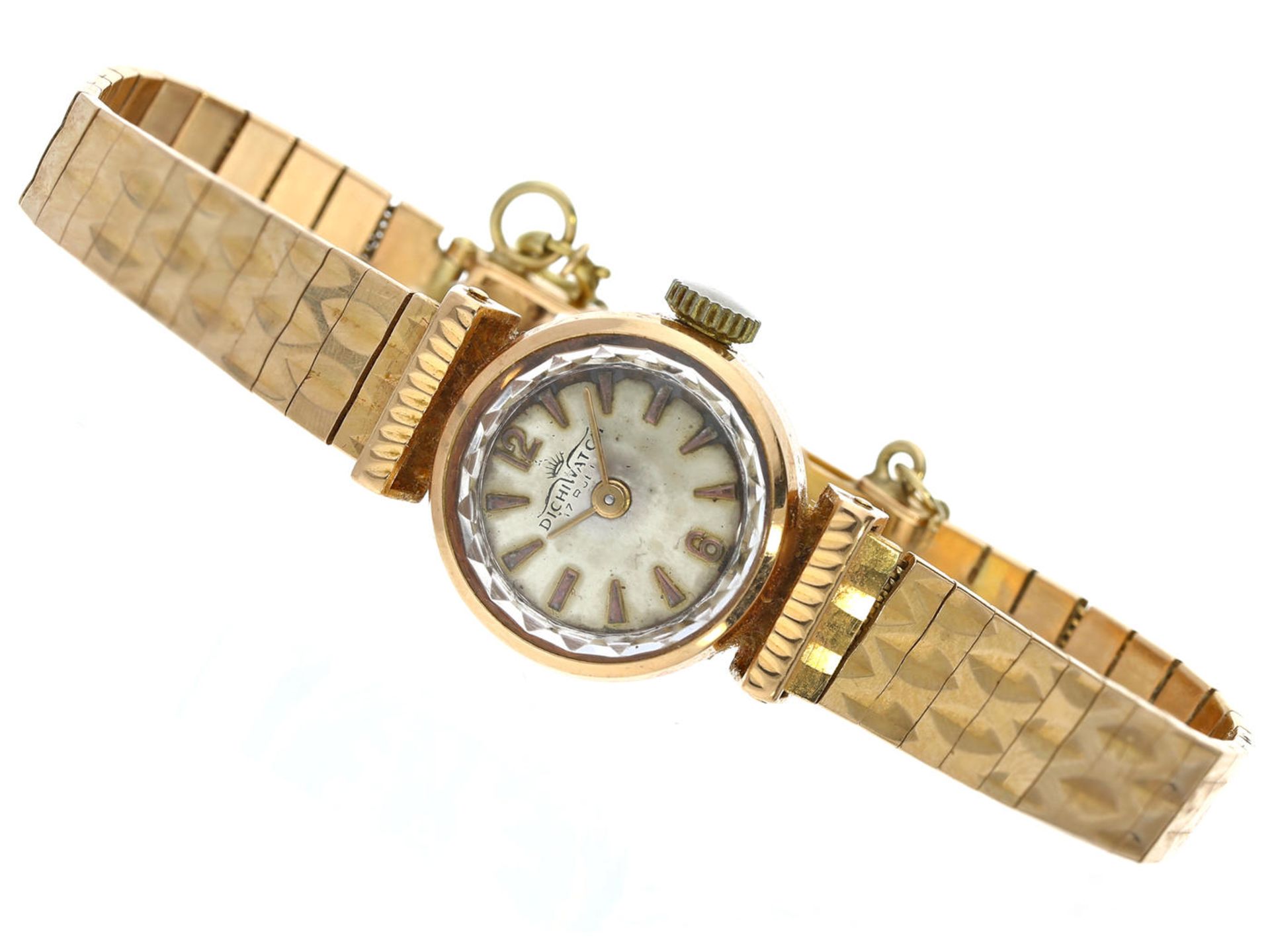 Armbanduhr: goldene, vintage Damenuhr der Marke "Dichiwatch", 18K Gold, um 1950 Ca. Ø17mm, ca.