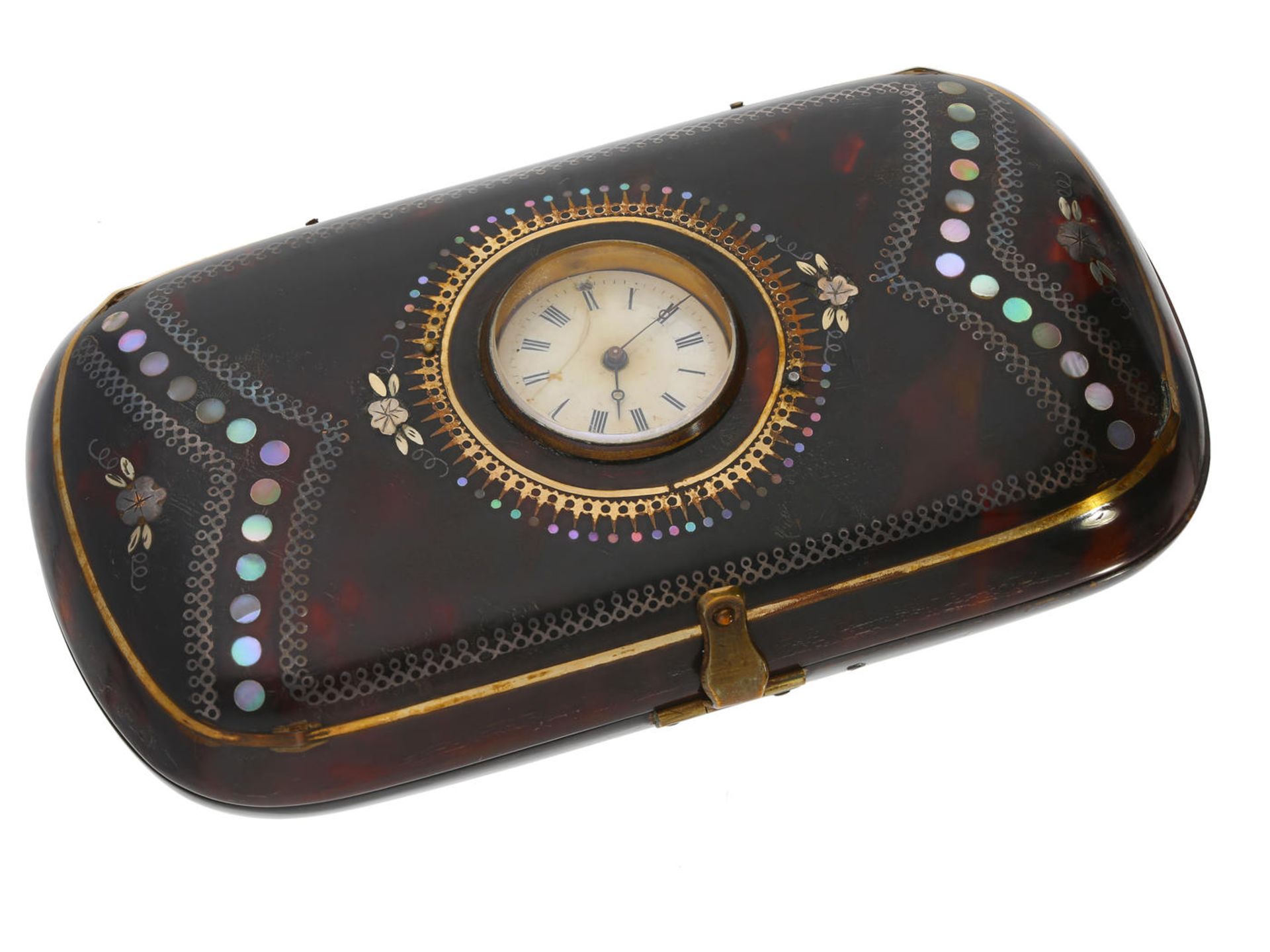 Dose/Reiseuhr: Schnupftabakdose mit eingebauter Uhr, 19.Jh Ca. 11 × 6cm, äußerst dekorative