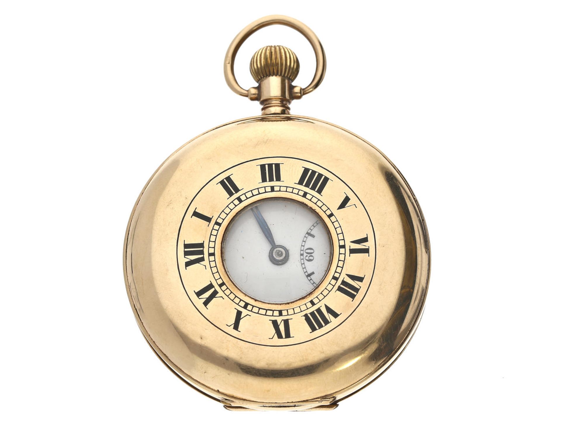 Taschenuhr: englische Halbsavonnette, um 1925, Gold Ca. Ø48mm, ca. 71g, 9K Gold, Sprungdeckel mit