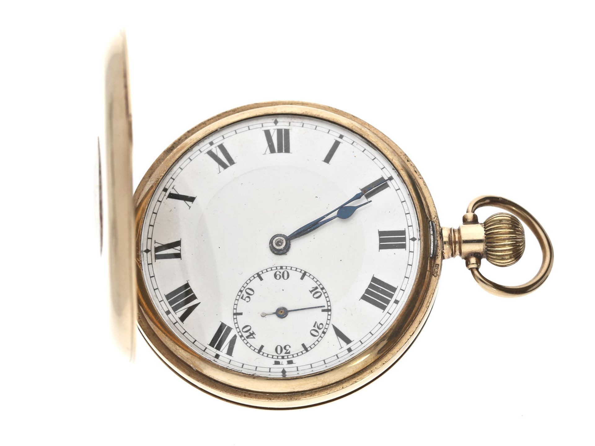 Taschenuhr: englische Halbsavonnette, um 1925, Gold Ca. Ø48mm, ca. 71g, 9K Gold, Sprungdeckel mit - Bild 2 aus 3