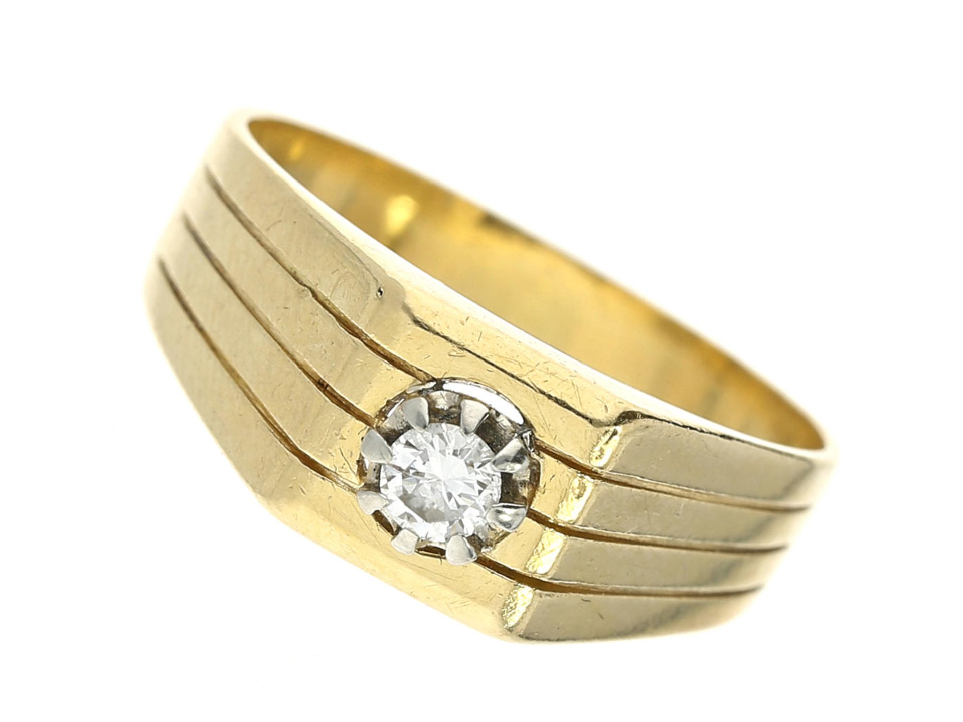 Ring: vintage Brillantring Ca. Ø19,5mm, RG61, ca. 7,6g, 18K Gold, massive, im Verlauf gefertigte