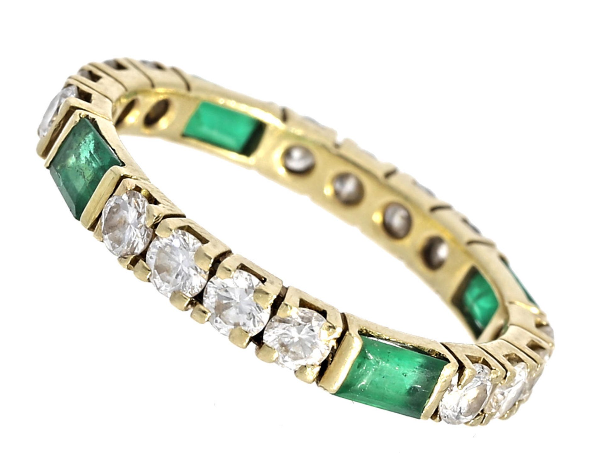 Ring: feiner und ehemals teurer vintage Smaragd/Brillant-Goldschmiedering im Memoire-Stil Ca. Ø17mm,