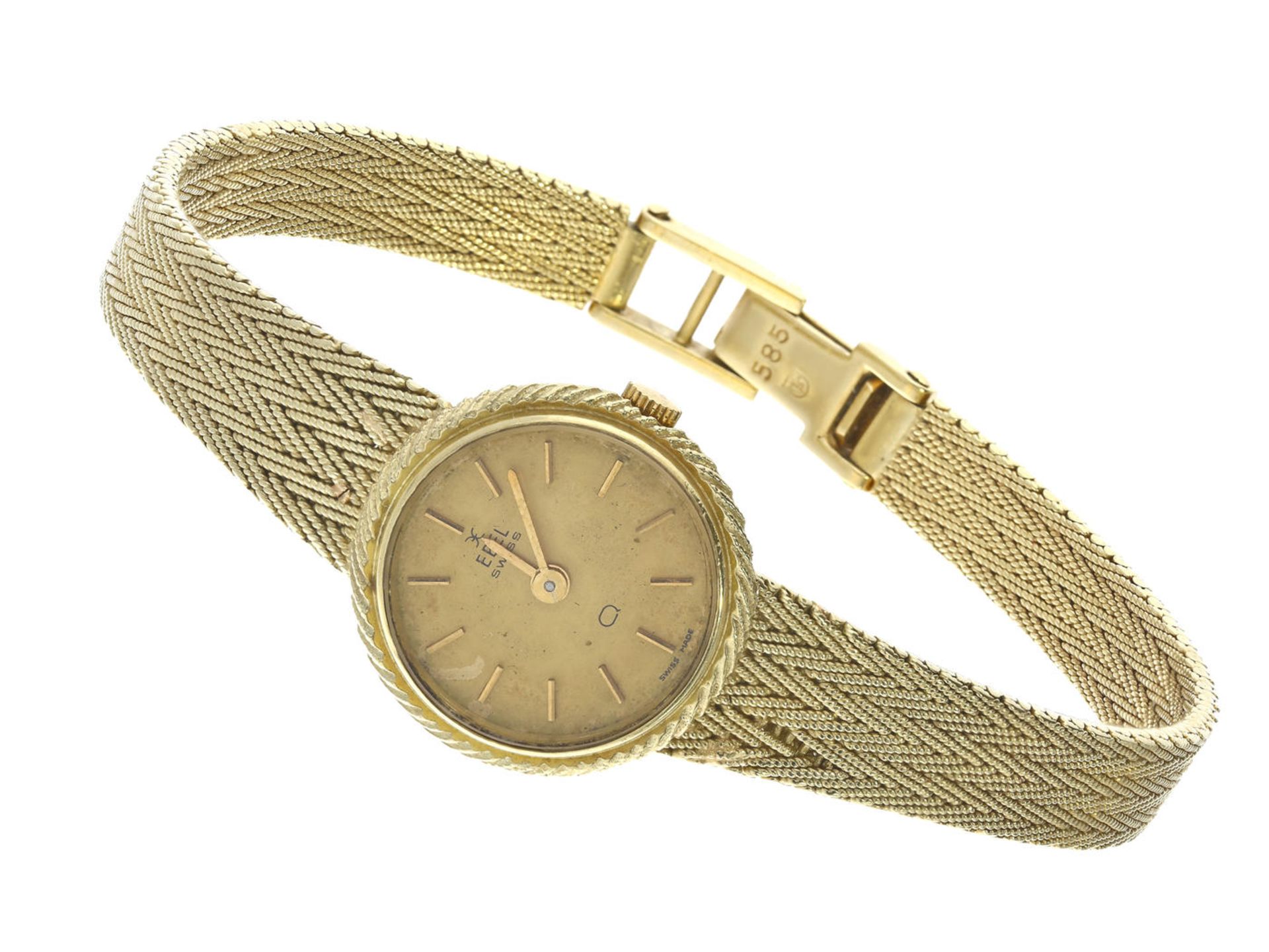Armbanduhr: goldene vintage Damenuhr der Marke "Ebel" Ca. 18,5cm lang, ca. 26,8g, 14K Gold,