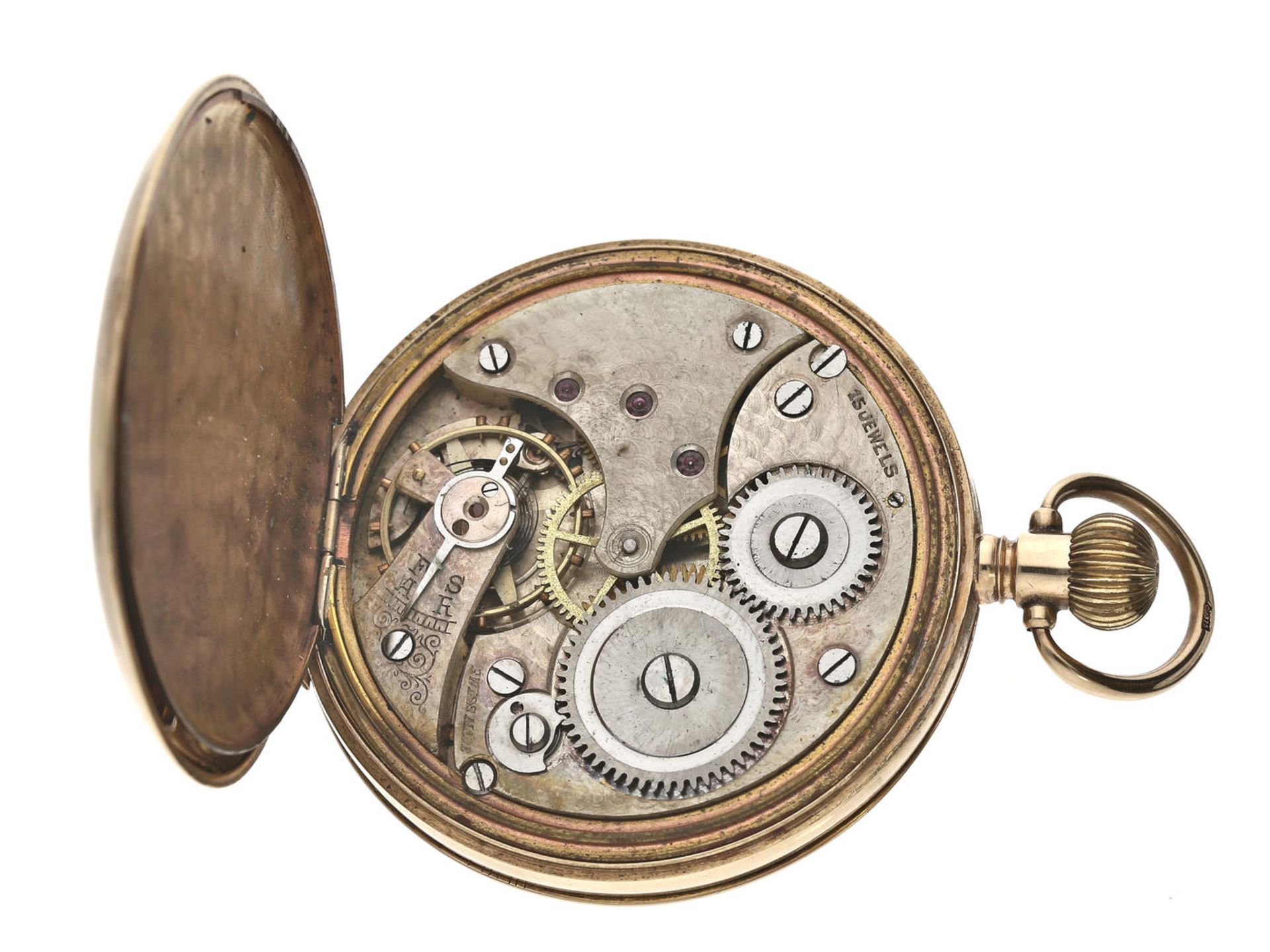 Taschenuhr: englische Halbsavonnette, um 1925, Gold Ca. Ø48mm, ca. 71g, 9K Gold, Sprungdeckel mit - Bild 3 aus 3