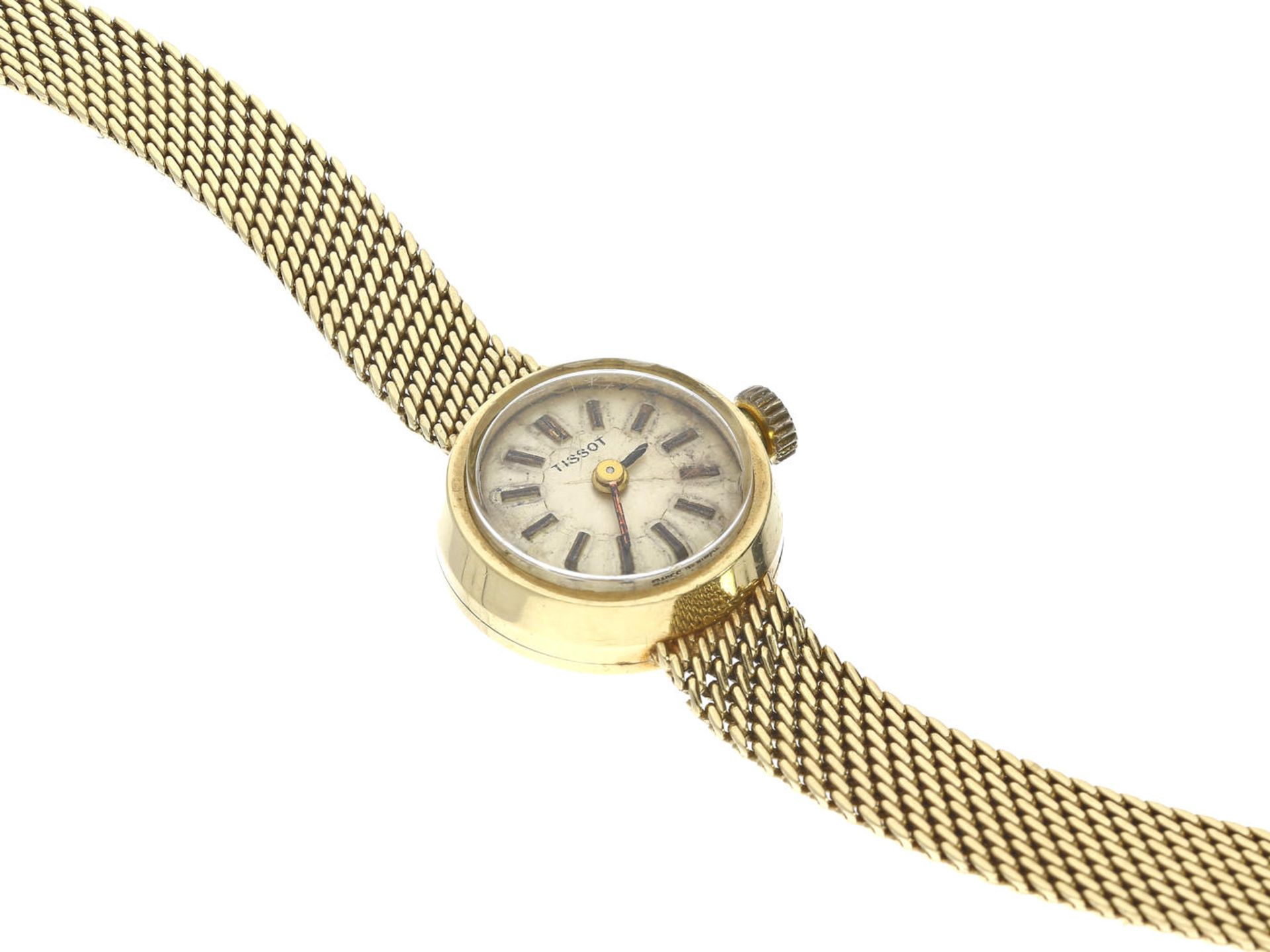 Armbanduhr: goldene Damenuhr, Tissot, 50er Jahre Ca. 19,5cm lang, ca. 19g, 14K Gold, ca. Ø16mm,