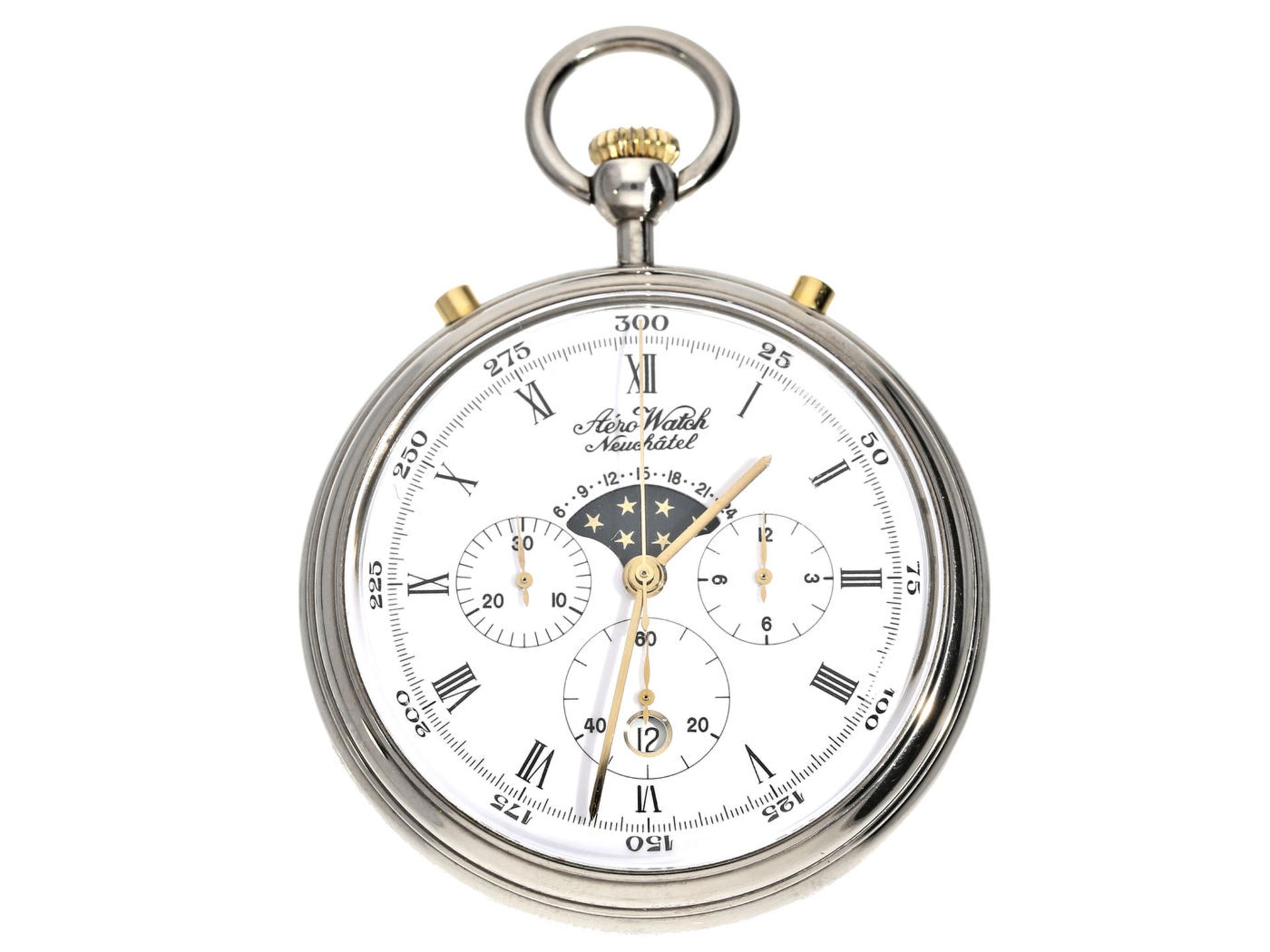 Taschenuhr: Chronograph mit Mondphase und Datum, Aero Watch Neuchatel, 2. Hälfte 20.Jh. Ca. Ø47mm,