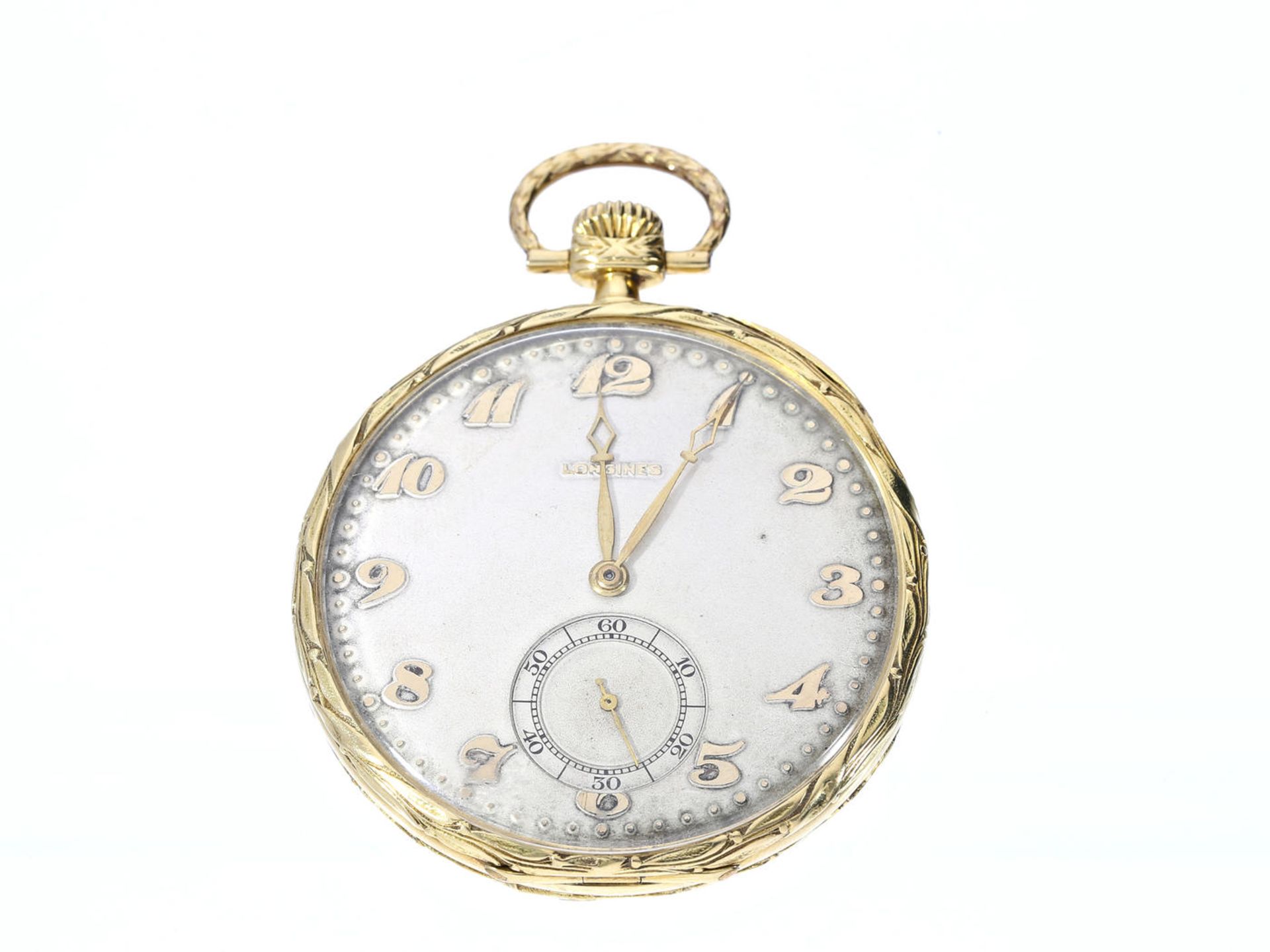 Taschenuhr: außergewöhnliche Art déco Frackuhr von Longines, 18K Gold, ca. 1930 Ca. Ø47mm, ca.