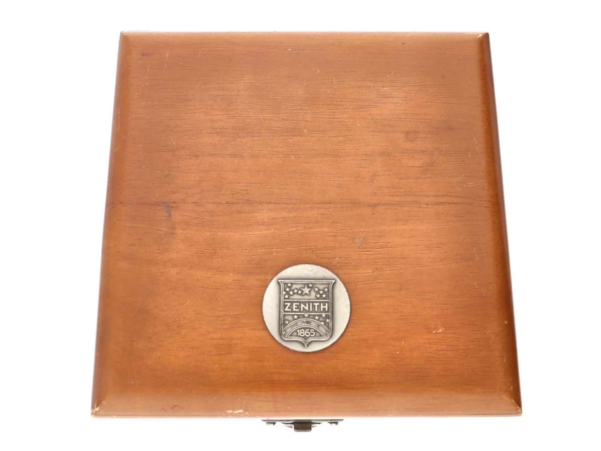 Tischuhr/Borduhr: seltene Zenith 8-Tage-Uhr, ca.1950 Box ca. 14 × 14 × 7,5cm, Deckel mit Zenith- - Bild 4 aus 5