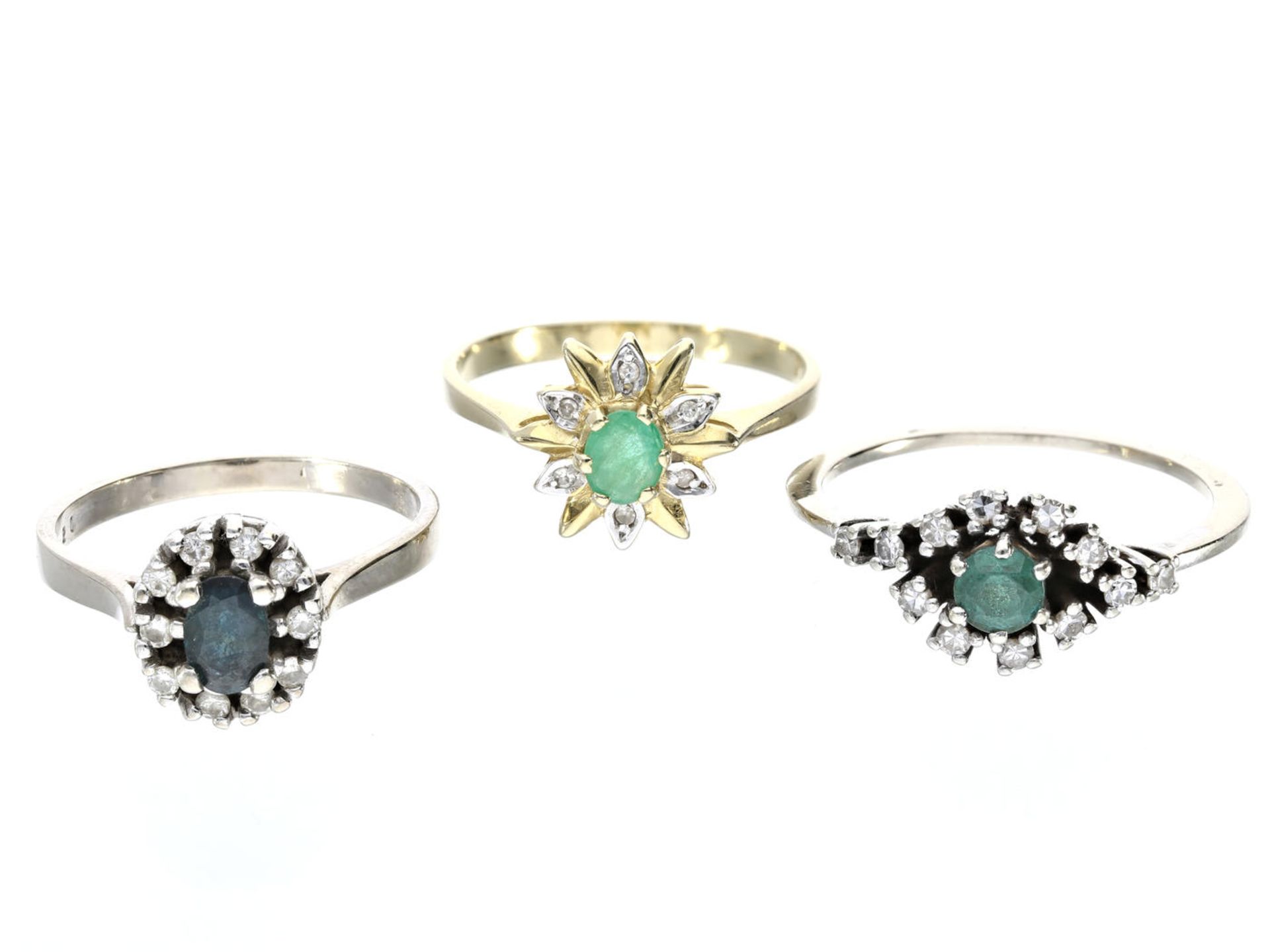 Ring: Konvolut von 3 vintage Damenringen mit Farbsteinen und Diamanten 1. ca. Ø20mm, RG60, ca. 3,4g,