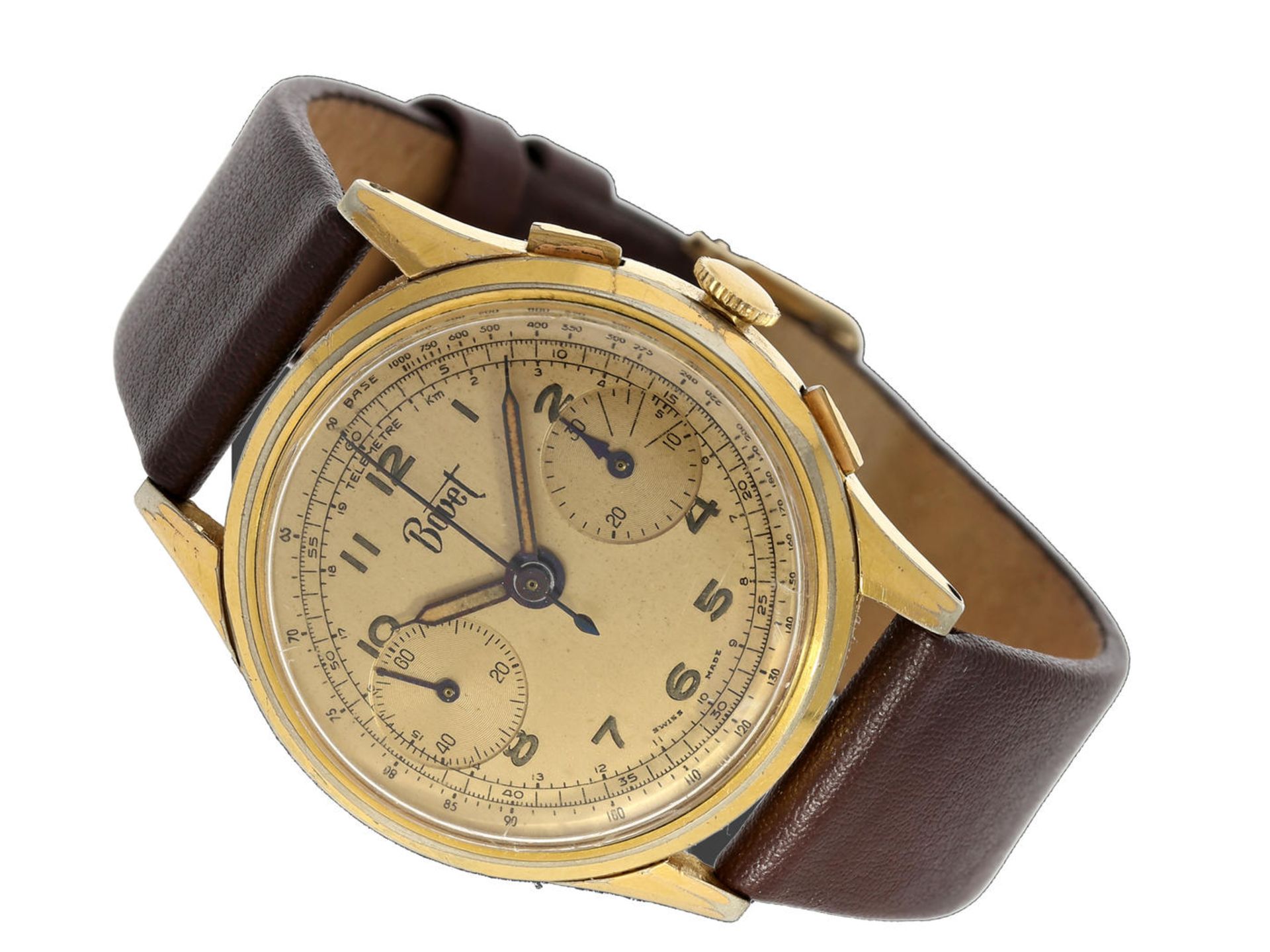 Armbanduhr: vintage Bovet Chronograph, um 1945 Ca. Ø34mm, Edelstahl vergoldet, Edelstahlboden,