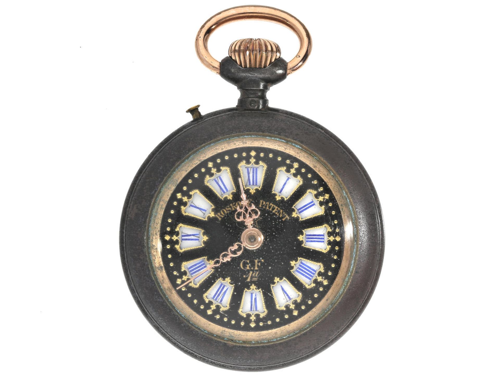 Taschenuhr: ungewöhnliche Herrenuhr mit schwarzem Emaillezifferblatt, Roskopf G.F 1a, um 1900 Ca.