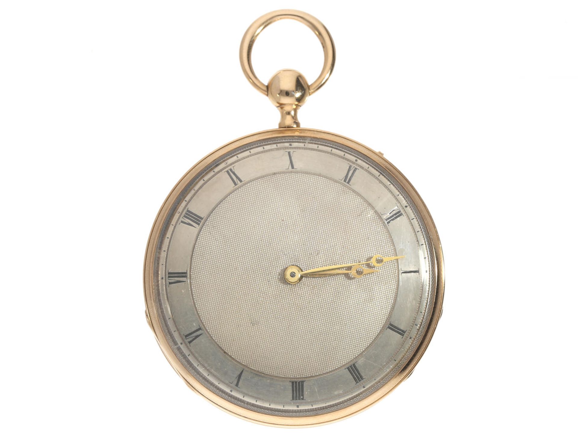 Taschenuhr: rotgoldene Lepine mit Repetition der Stunden und Viertelstunden, 18K Gold, um 1820 Ca.