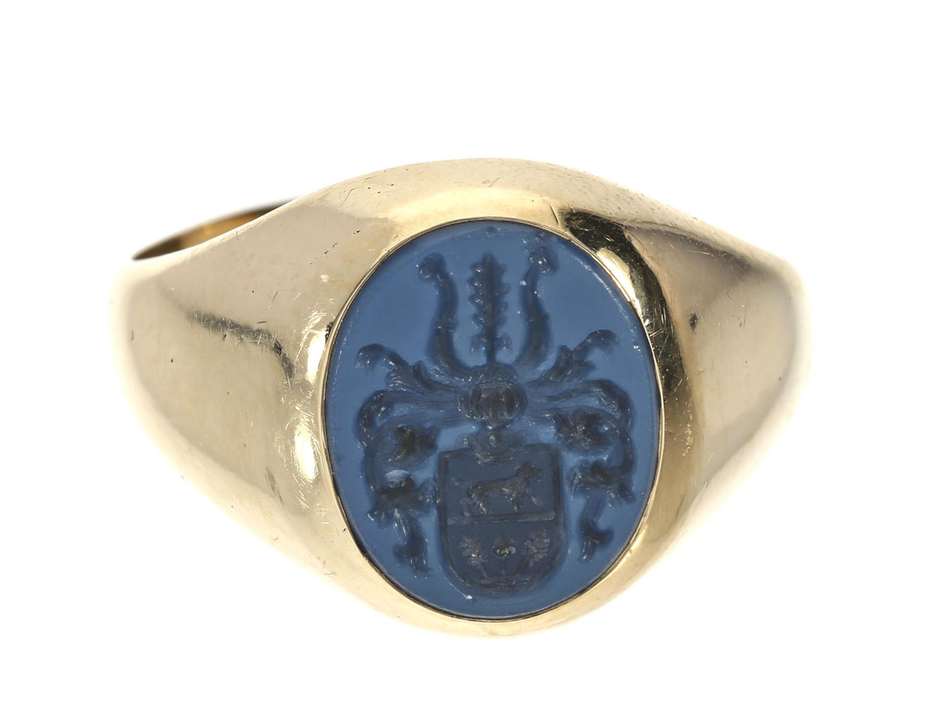 Ring: vintage Siegelring mit Wappen-Gemme, Achat-Lagenstein Ca. Ø17,5mm, RG55, ca. 5,2g, 14K Gold,