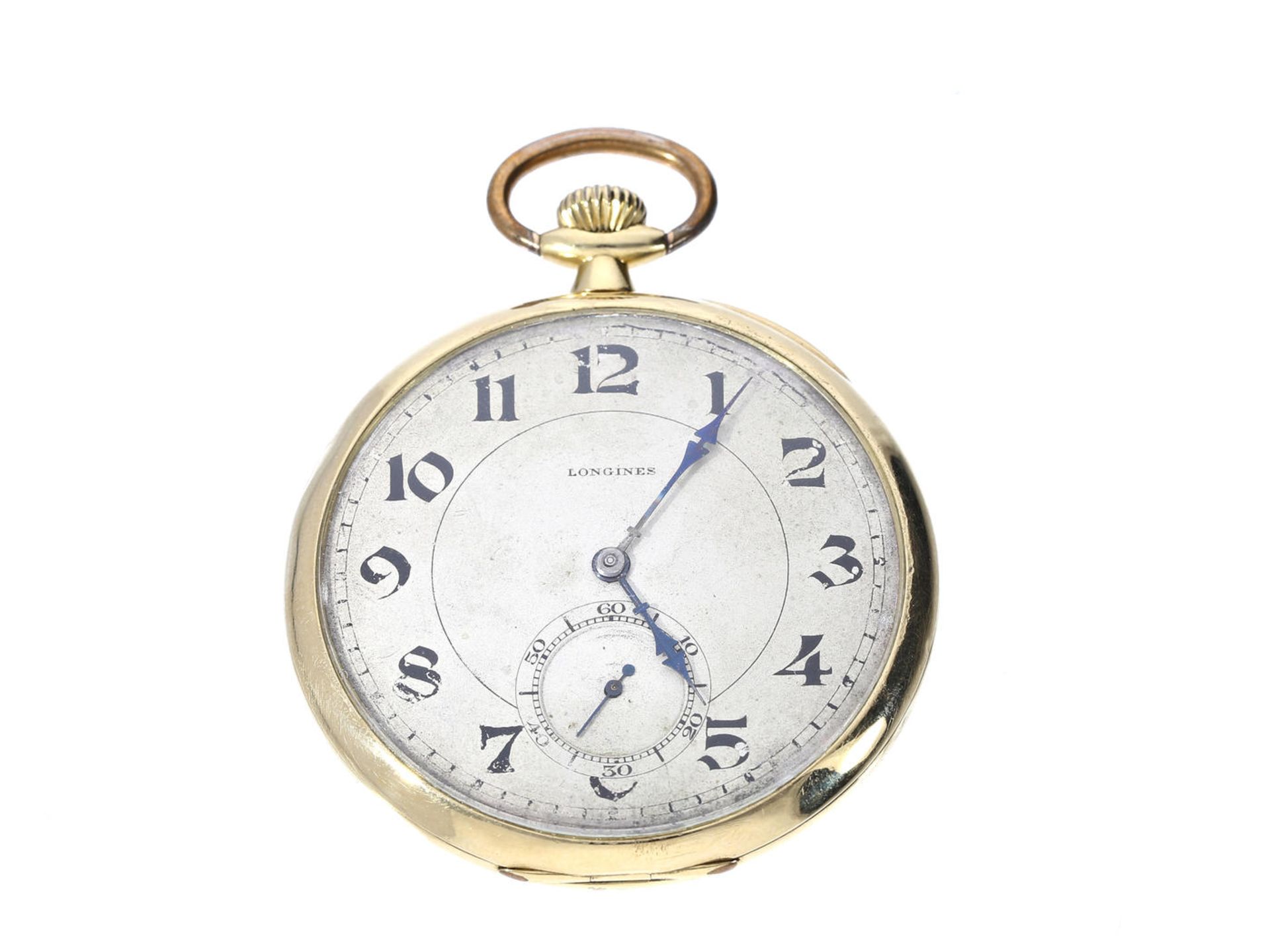 Taschenuhr: hochwertige Longines Frackuhr, um 1925 Ca. Ø48mm, ca. 57g, 18K Gold, Spezialgehäuse ohne