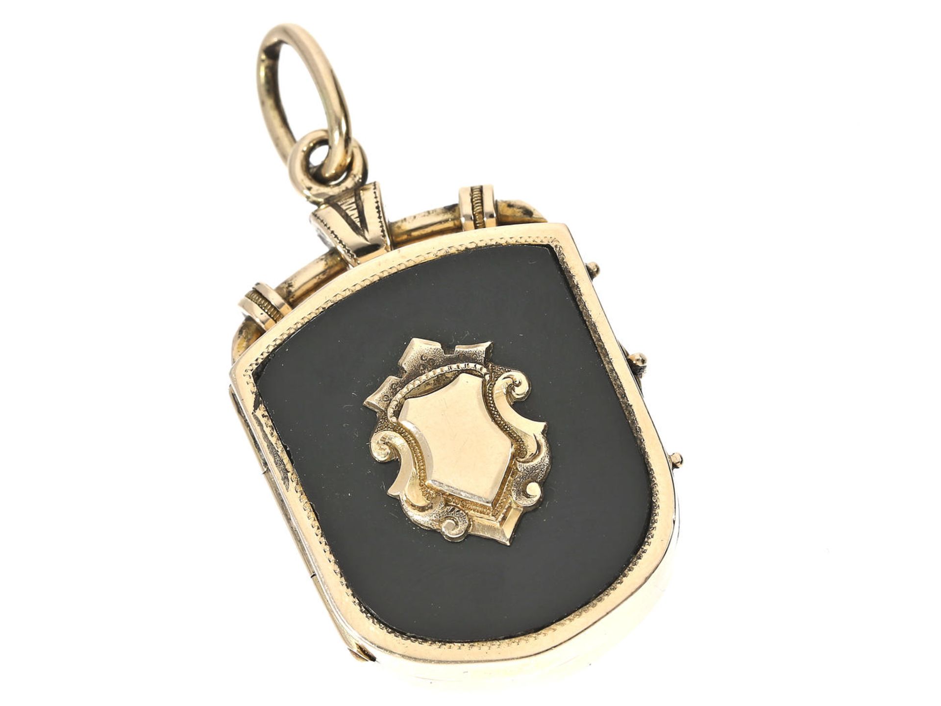 Anhänger: außergewöhnlich massiver, antiker Medaillonanhänger aus Gold und Onyx, um 1900 Ca. 45 x