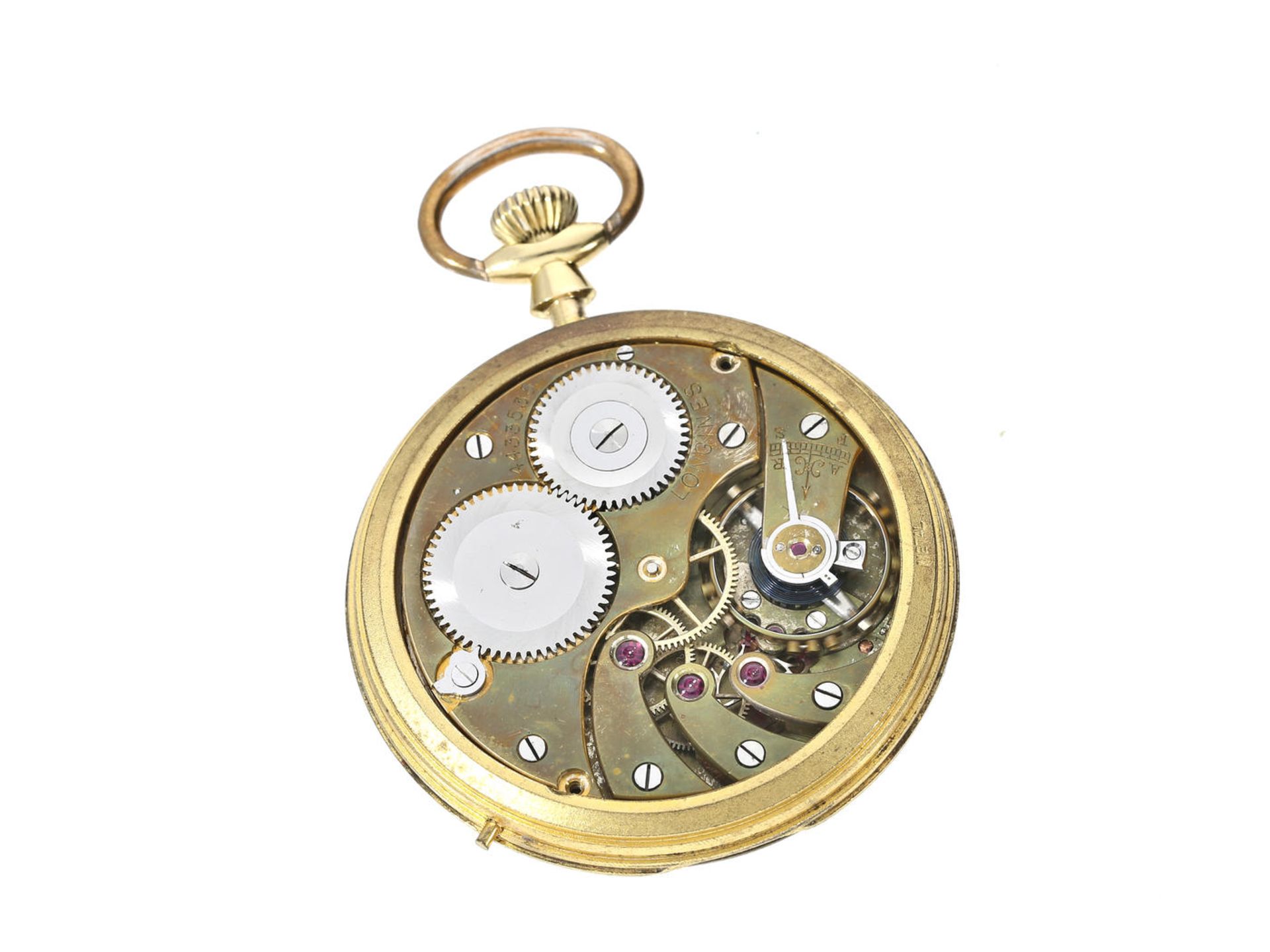 Taschenuhr: hochwertige Longines Frackuhr, um 1925 Ca. Ø48mm, ca. 57g, 18K Gold, Spezialgehäuse ohne - Bild 3 aus 3