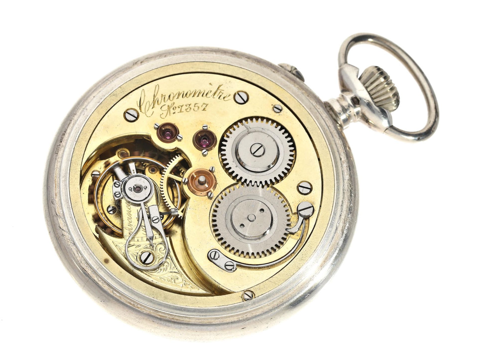 Taschenuhr: besonders schweres und hochfeines Schweizer Taschenchronometer mit Chronometerhemmung, - Bild 3 aus 5