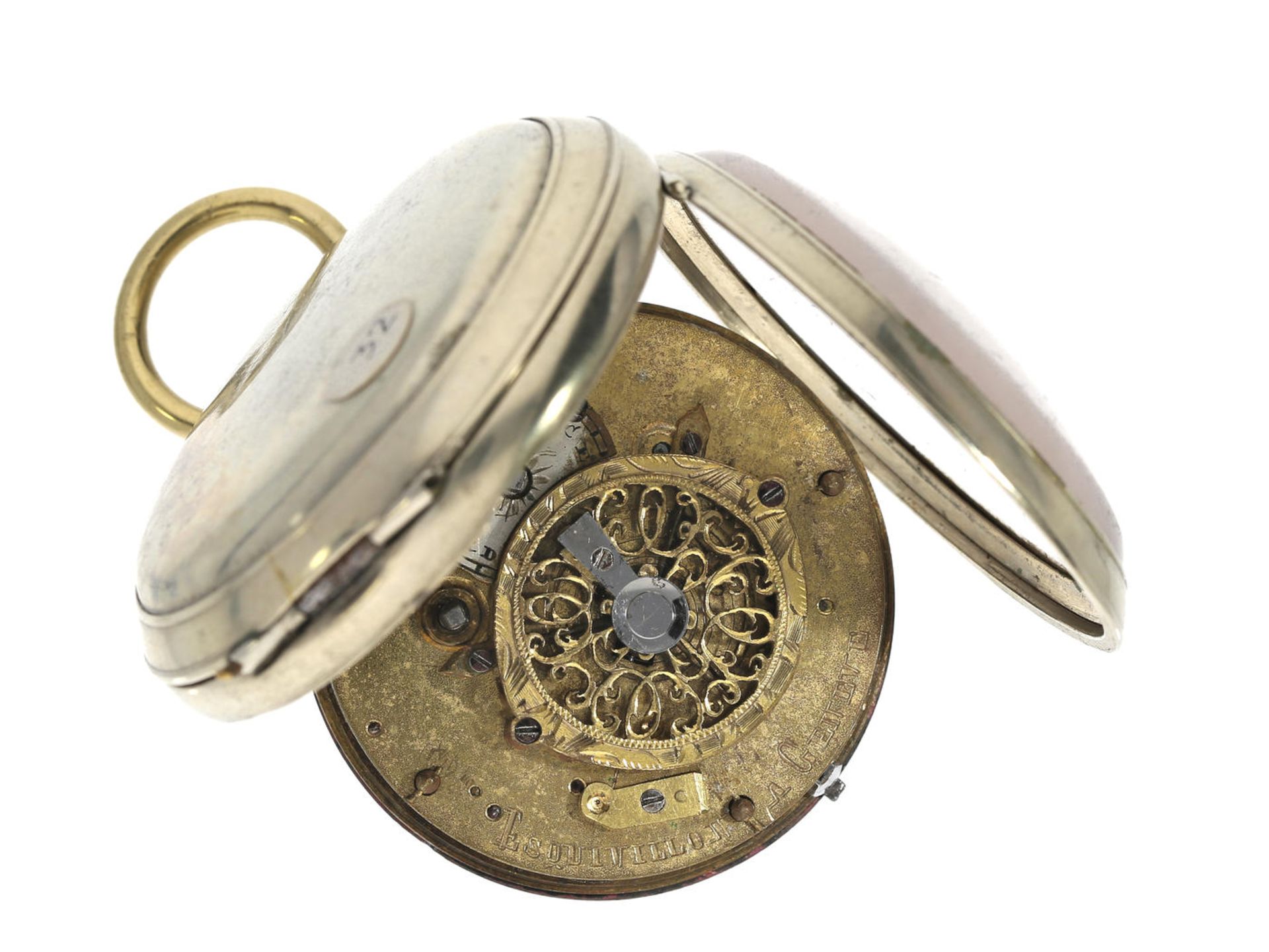 Taschenuhr: Spindeluhr, um 1800, signiert Esquivillon Geneve Ca. Ø47mm, ca. 89g, Nickelgehäuse, - Bild 3 aus 3