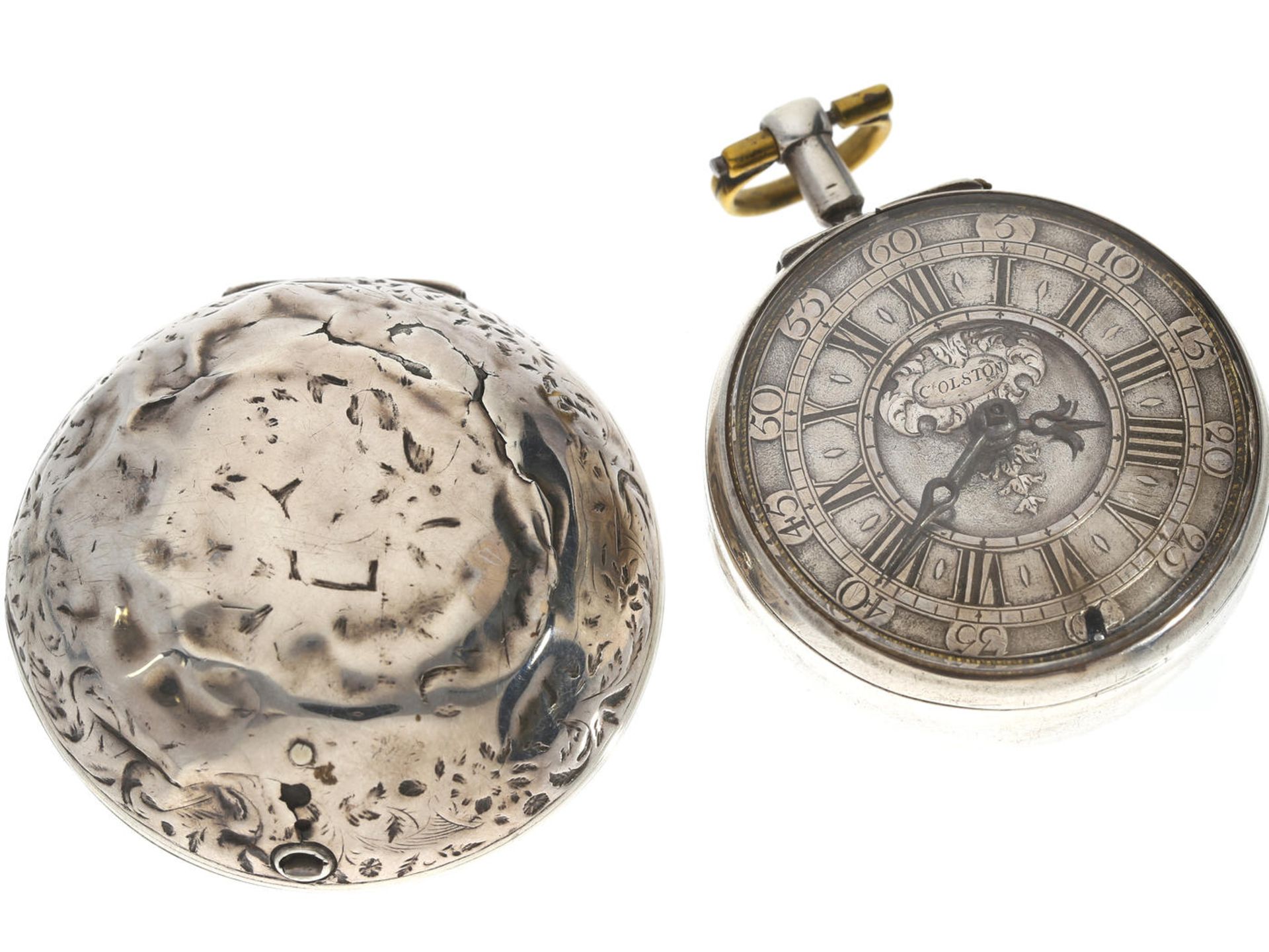 Taschenuhr: museale, ganz frühe englische Doppelgehäuse-Spindeluhr, Richard Colston (1682-1709), - Bild 7 aus 7