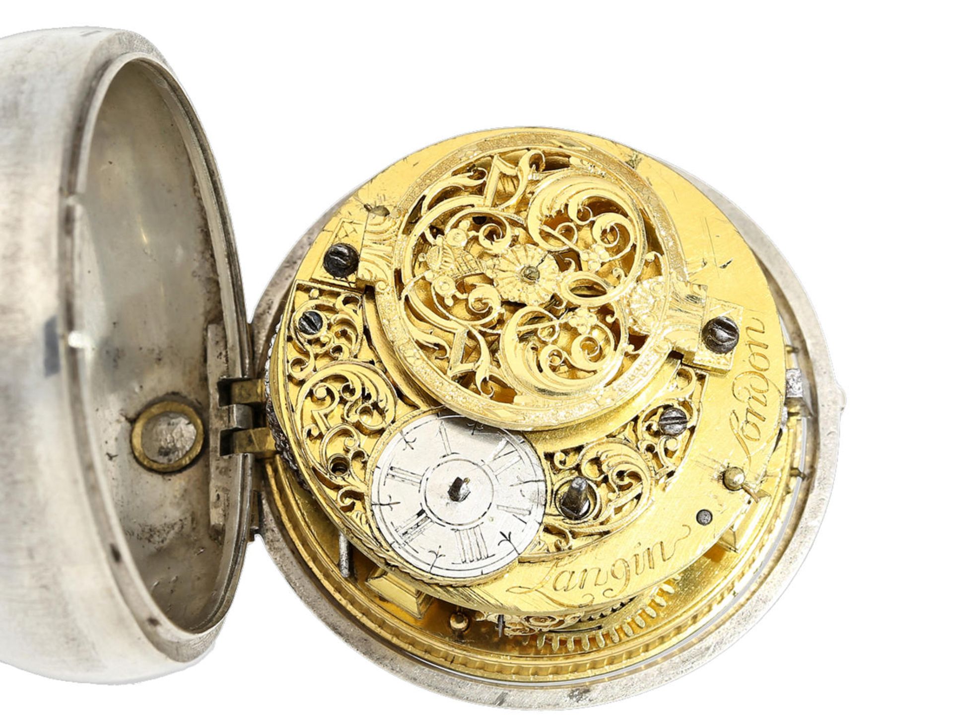 Taschenuhr: große englische Doppelgehäuse-Spindeluhr mit Datum, signiert Langin London, ca.1740 - Bild 3 aus 5