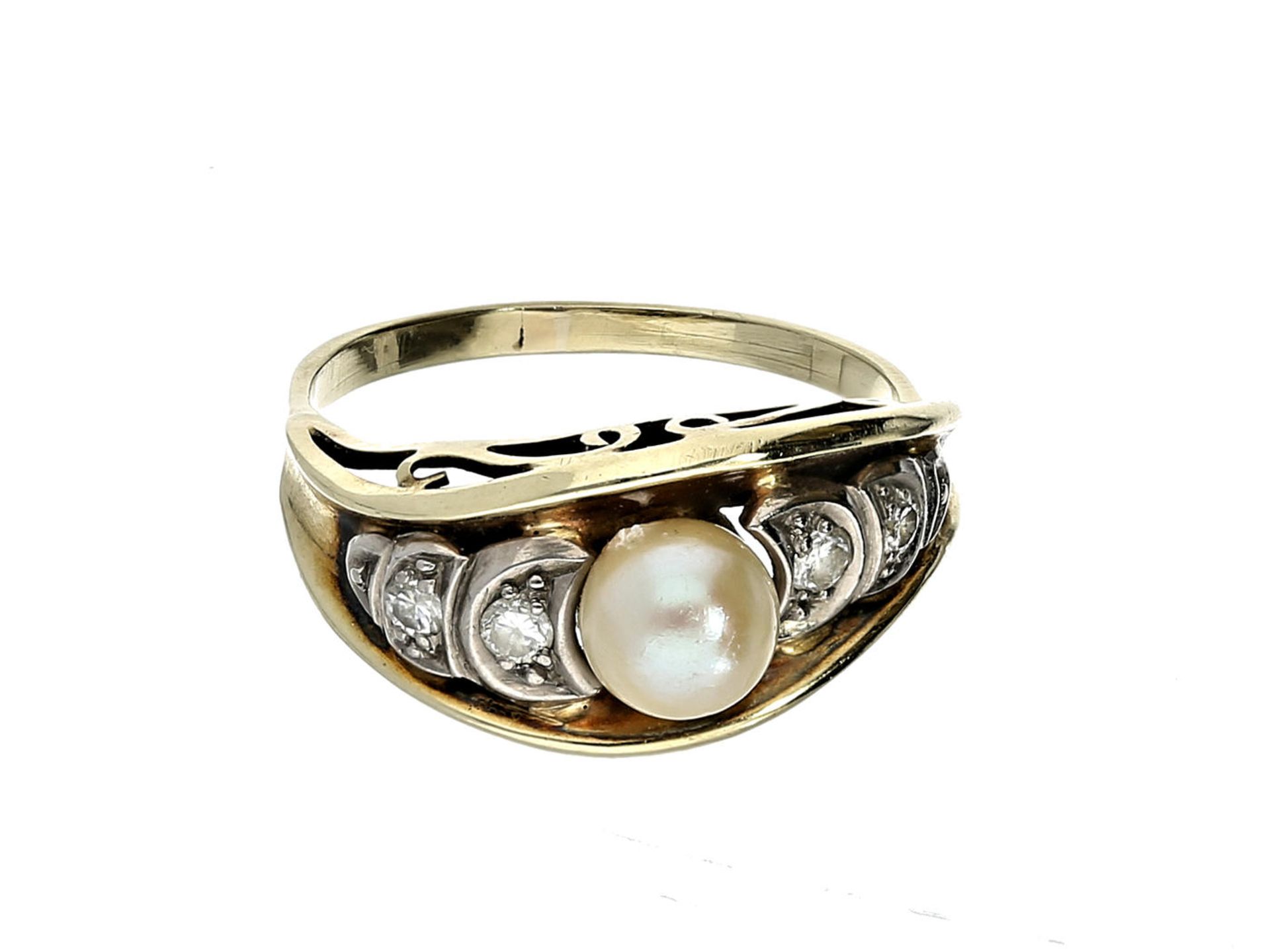 Ring: dekorativer Perlen/Diamant-Goldschmiedering, vermutlich aus der Zeit des Art déco Ca. Ø16,5mm,