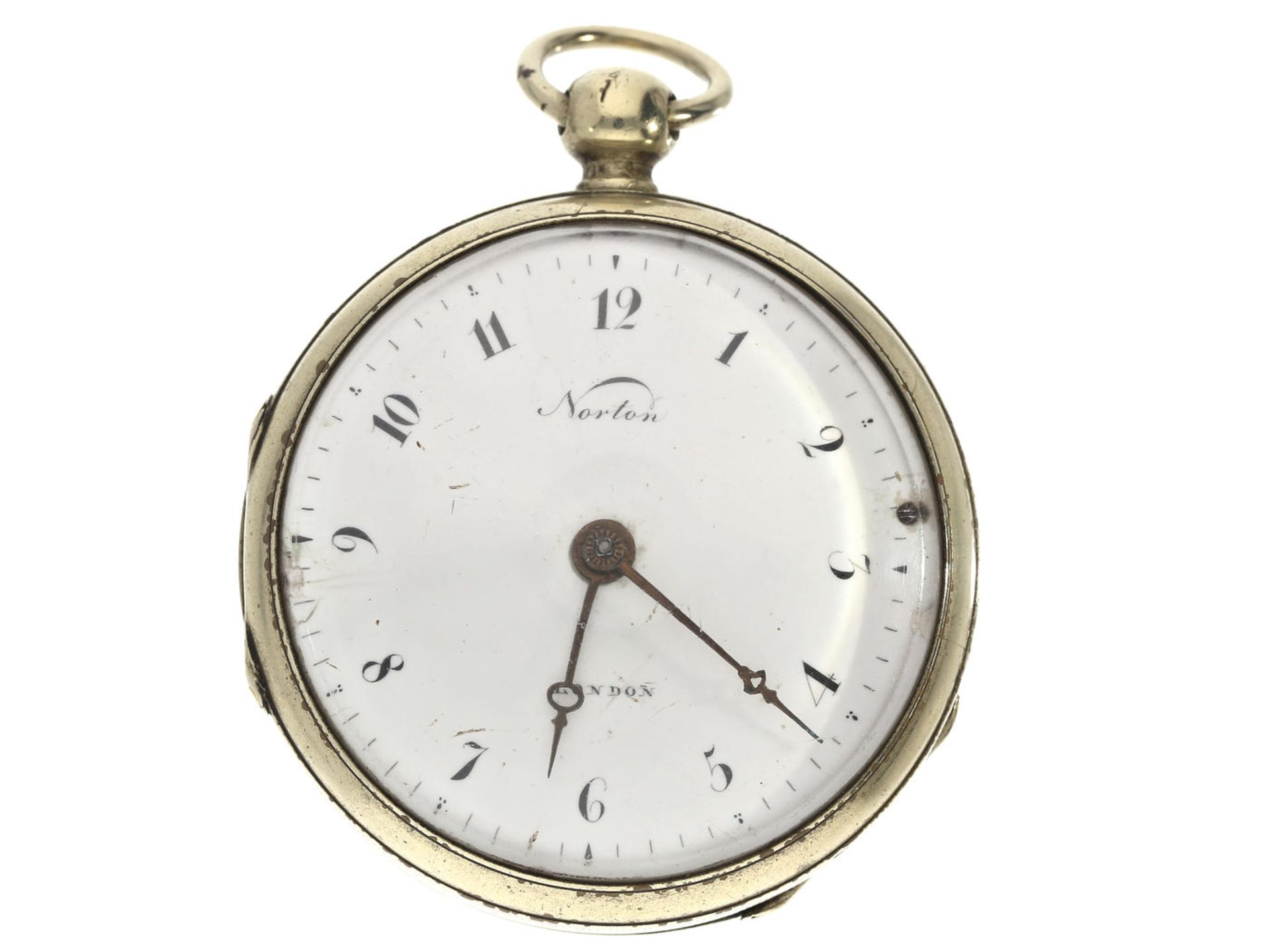 Taschenuhr: große Spindeluhr, signiert Norton London, um 1800 Ca. Ø55mm, ca. 120g, Nickelgehäuse,