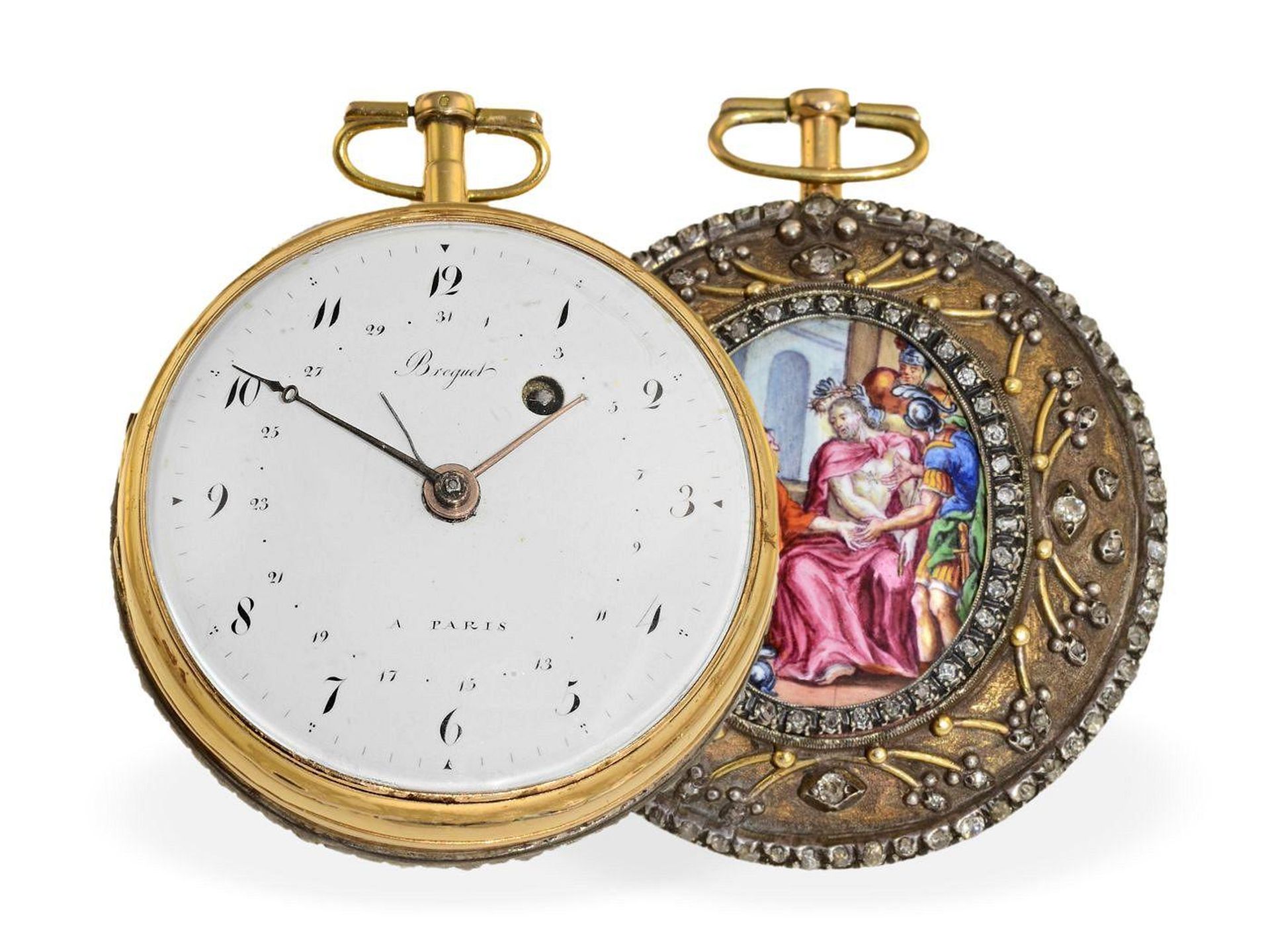 Taschenuhr: große, äußerst seltene Gold/Emaille-Uhr mit Diamantbesatz und Datumsanzeige, Emaille- - Bild 2 aus 5