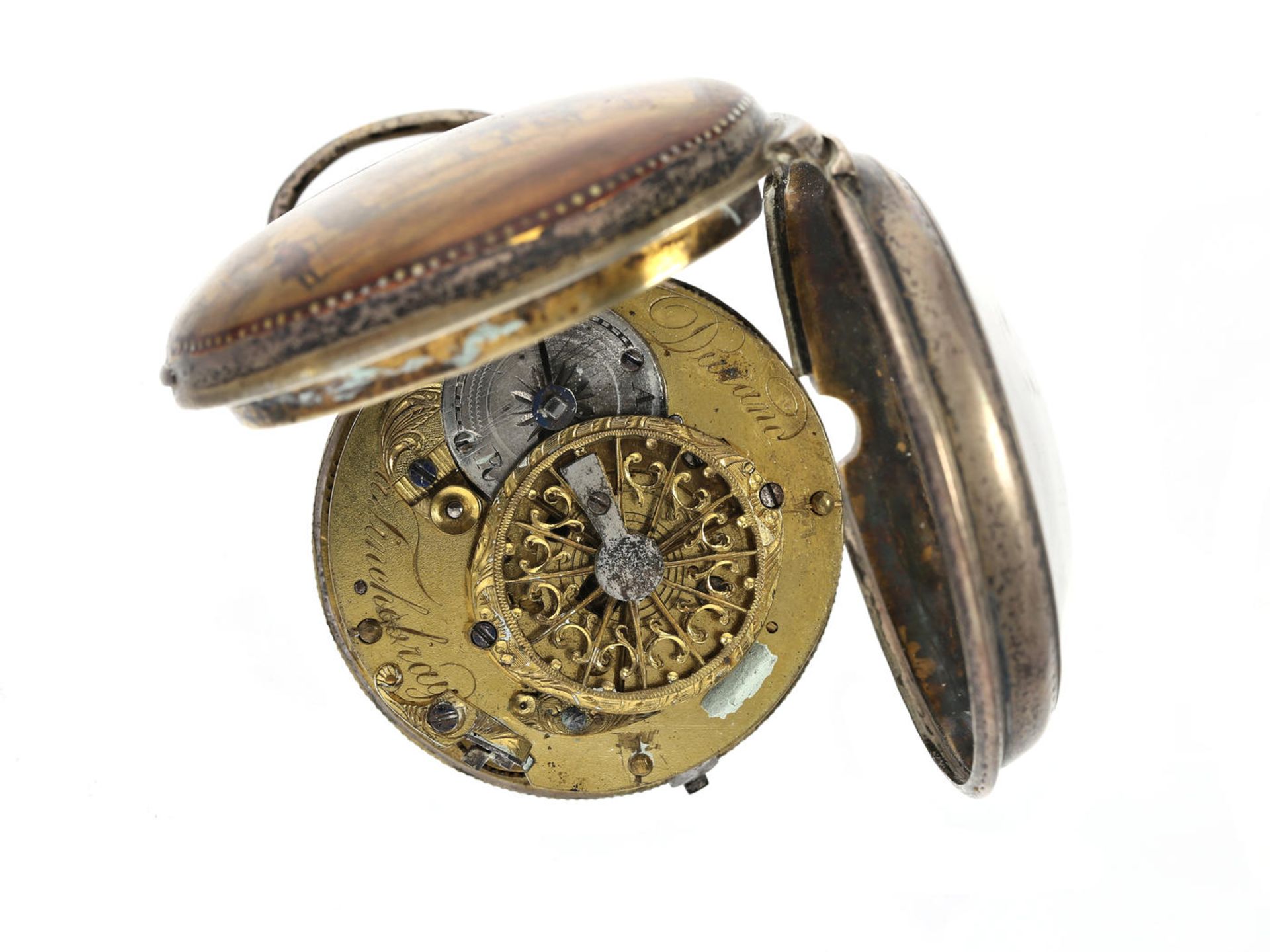 Taschenuhr: seltene Spindeluhr mit rückseitiger Malerei, Napoleonszene, um 1800 Ca. Ø48mm, ca. - Bild 2 aus 3