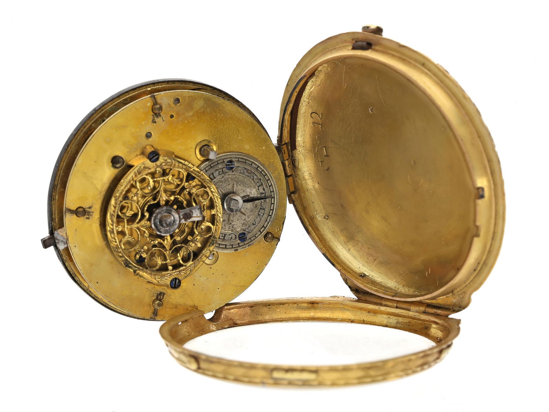 Taschenuhr: feine Gold/Emaille-Spindeluhr, ca. 1780/1820 Ca. Ø41mm, ca. 41g, 18K Gold, Tricolour, - Bild 2 aus 3