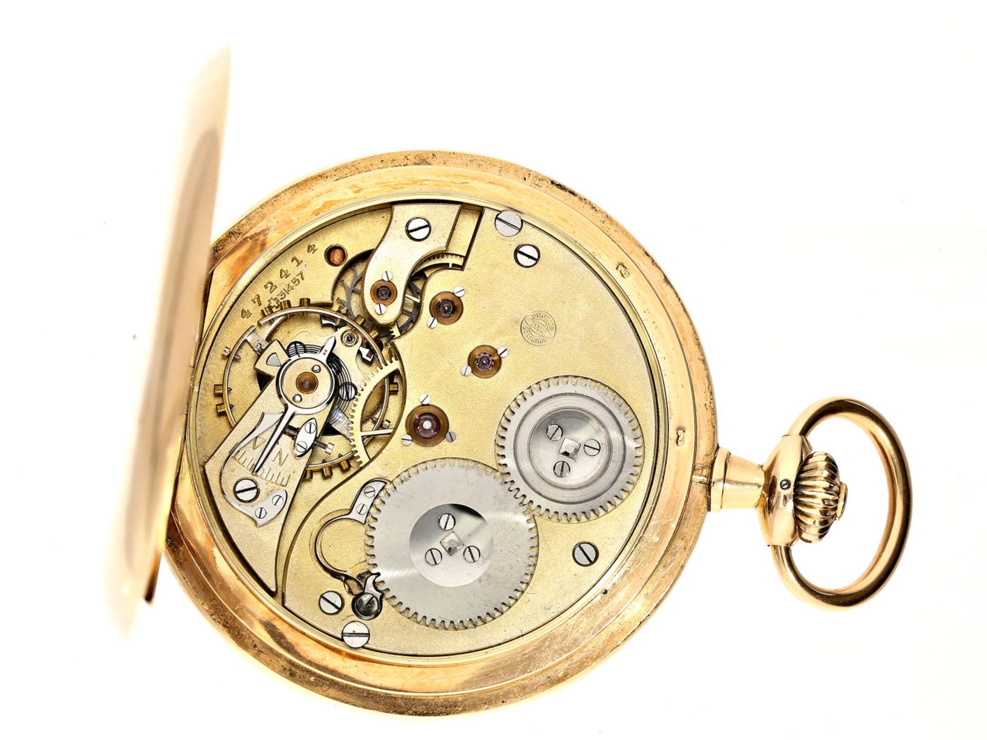 Taschenuhr: Savonnette von IWC, um 1910 Ca. Ø52mm, ca. 85g, 14K Gold, alle 3 Deckel aus Gold, IWC - Bild 2 aus 2