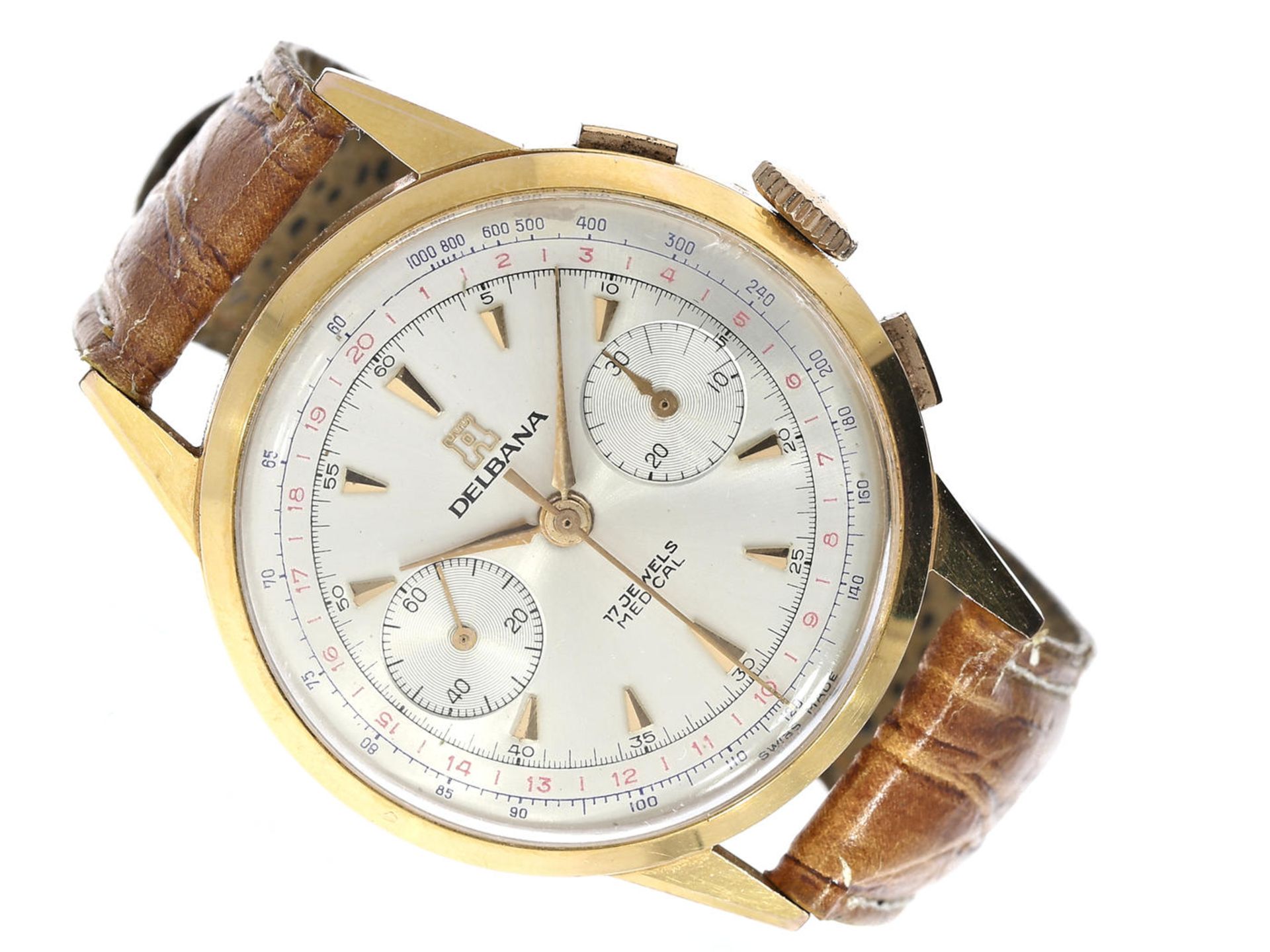 Armbanduhr: großer vintage Chronograph, Delbana "Medical", ca.1960 Ca. Ø37mm, vergoldet, Edelstahl-