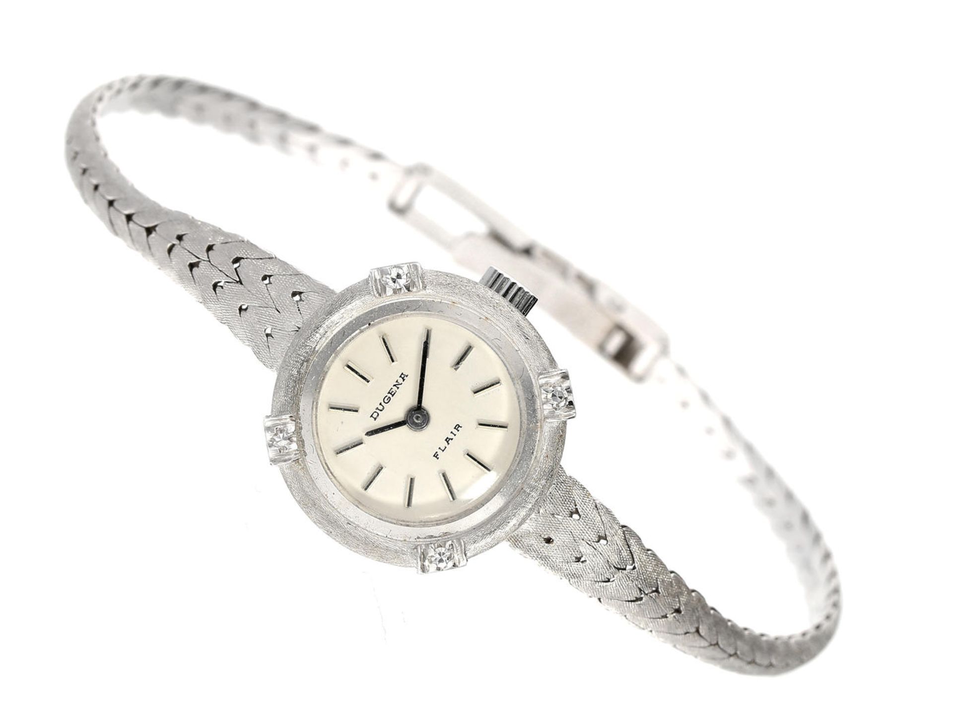 Armbanduhr: neuwertige, weißgoldene Damenuhr der Marke "Dugena" ungetragen, new-old-stock, NP lt.