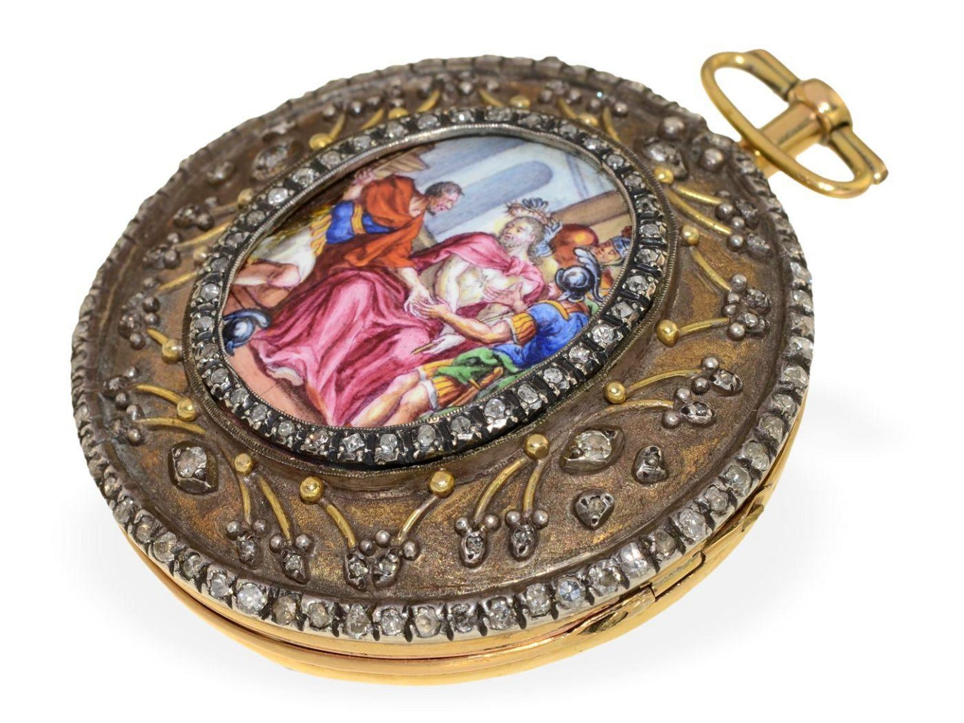 Taschenuhr: große, äußerst seltene Gold/Emaille-Uhr mit Diamantbesatz und Datumsanzeige, Emaille- - Bild 3 aus 5