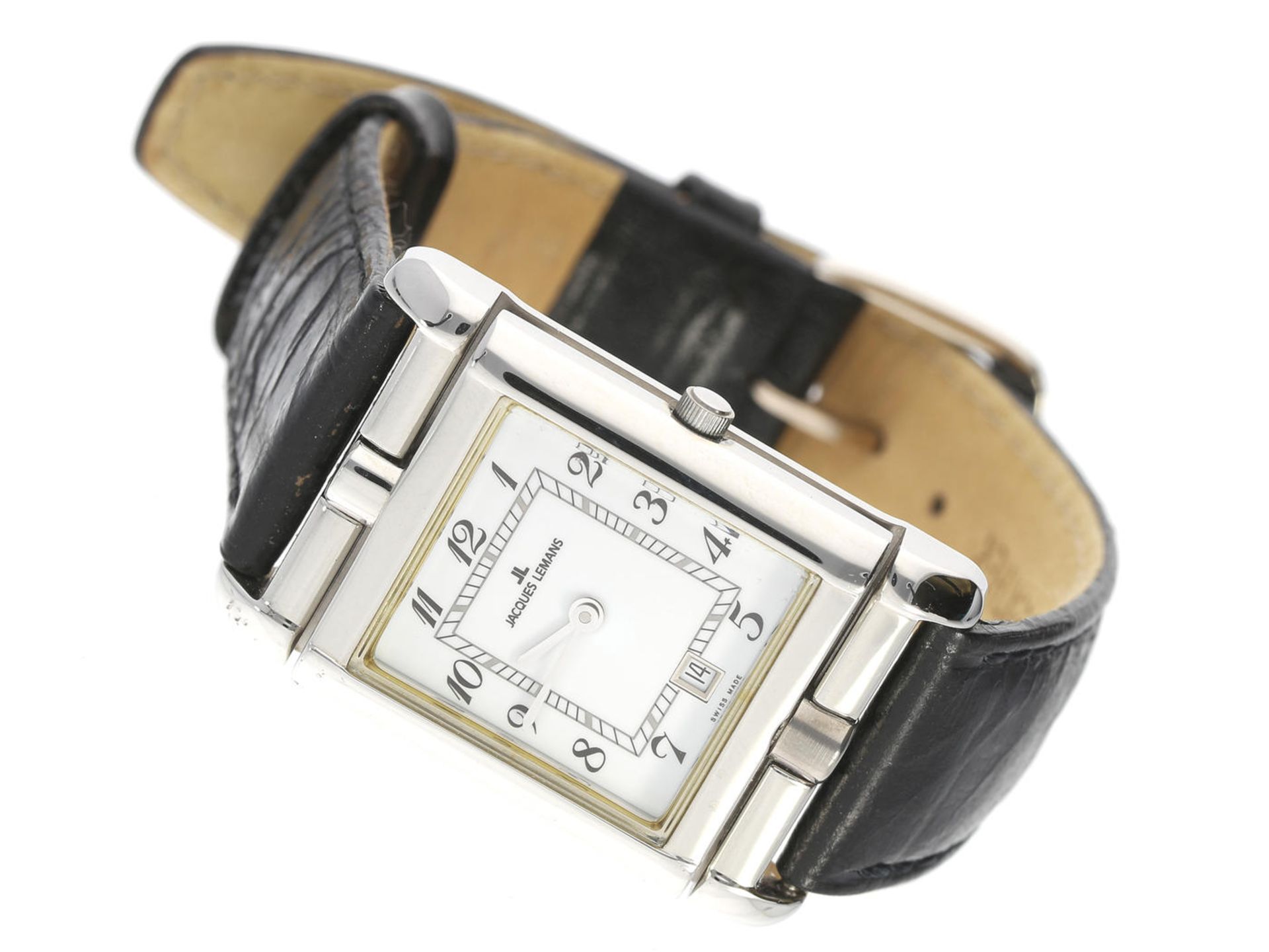 Armbanduhr: ausgefallene Armbanduhr mit Wendegehäuse, Jaques Lemans, 1-731 Ca. 37x24mm, Edelstahl,