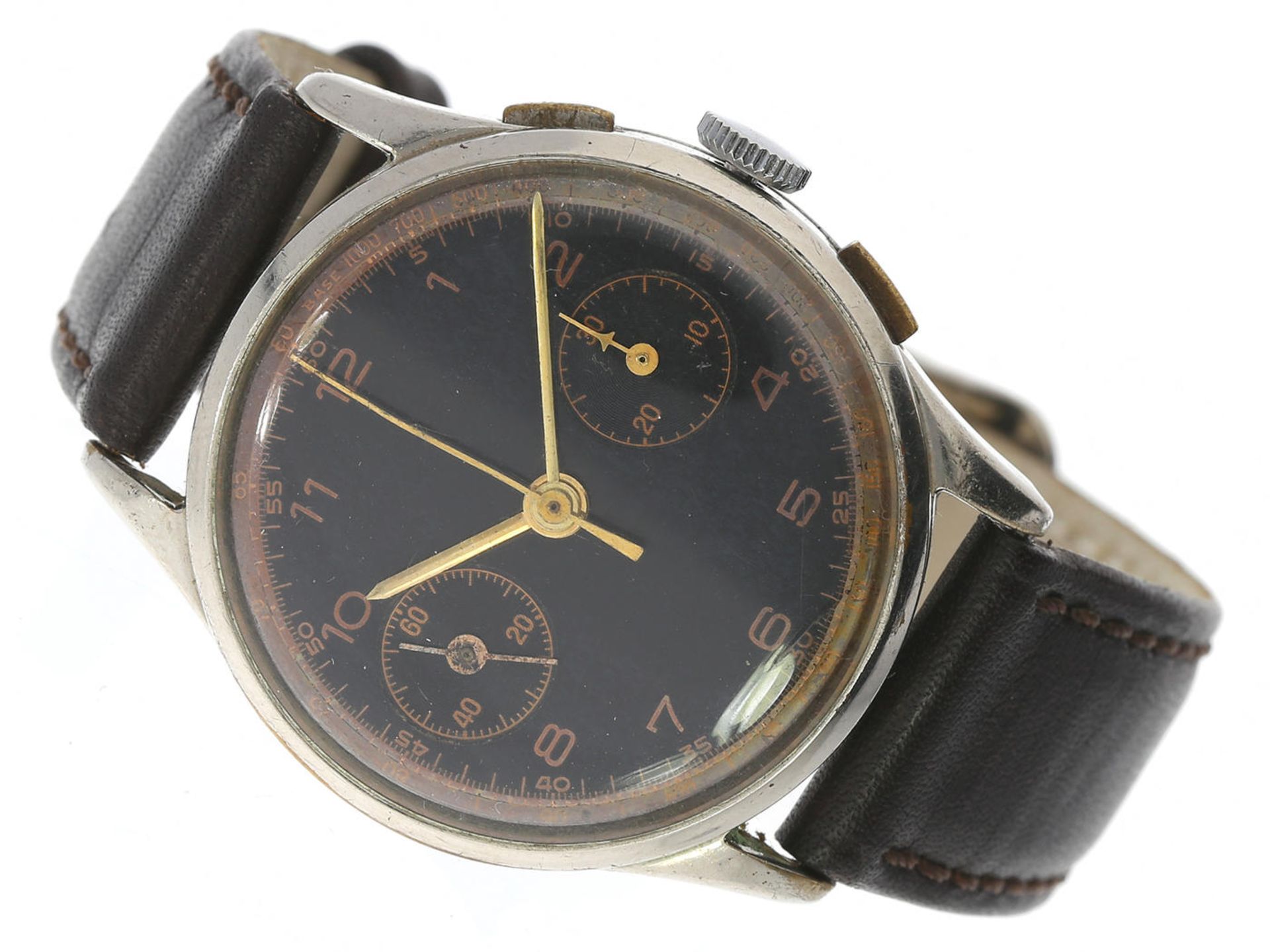 Armbanduhr: Schweizer Chronograph mit schwarzem Zifferblatt, Kaliber Landeron 48, ca.1950 Ca.