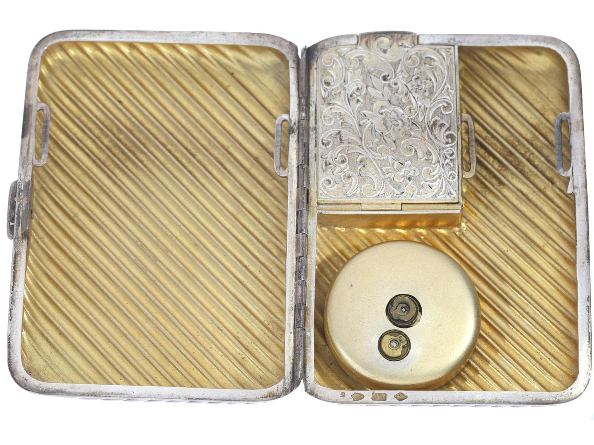 Etui/Dose/Uhr: antikes Zigaretten-Etui mit Geheimfach und eingebauter Uhr, Silber, um 1900 Ca. - Bild 2 aus 2