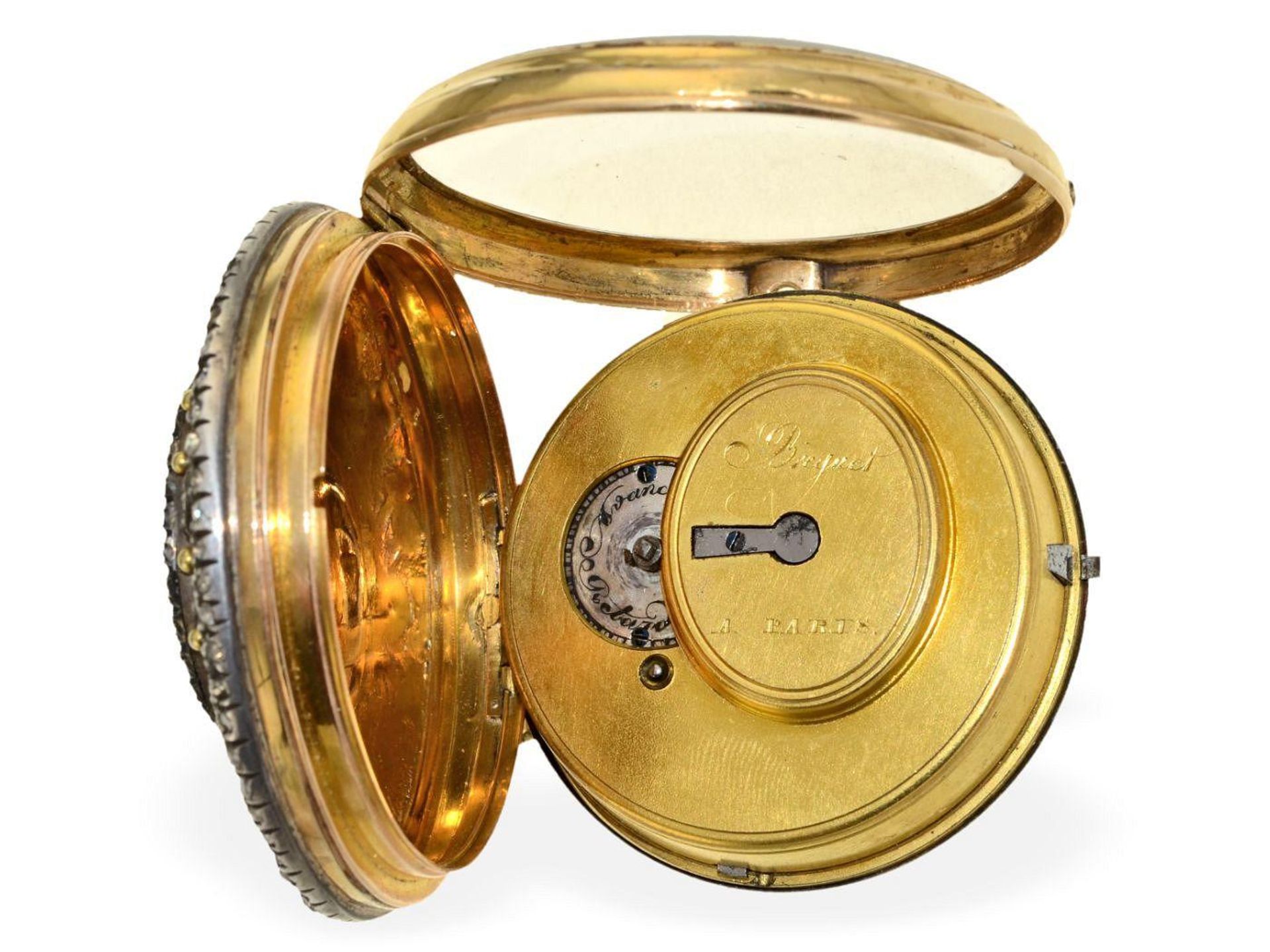 Taschenuhr: große, äußerst seltene Gold/Emaille-Uhr mit Diamantbesatz und Datumsanzeige, Emaille- - Bild 5 aus 5