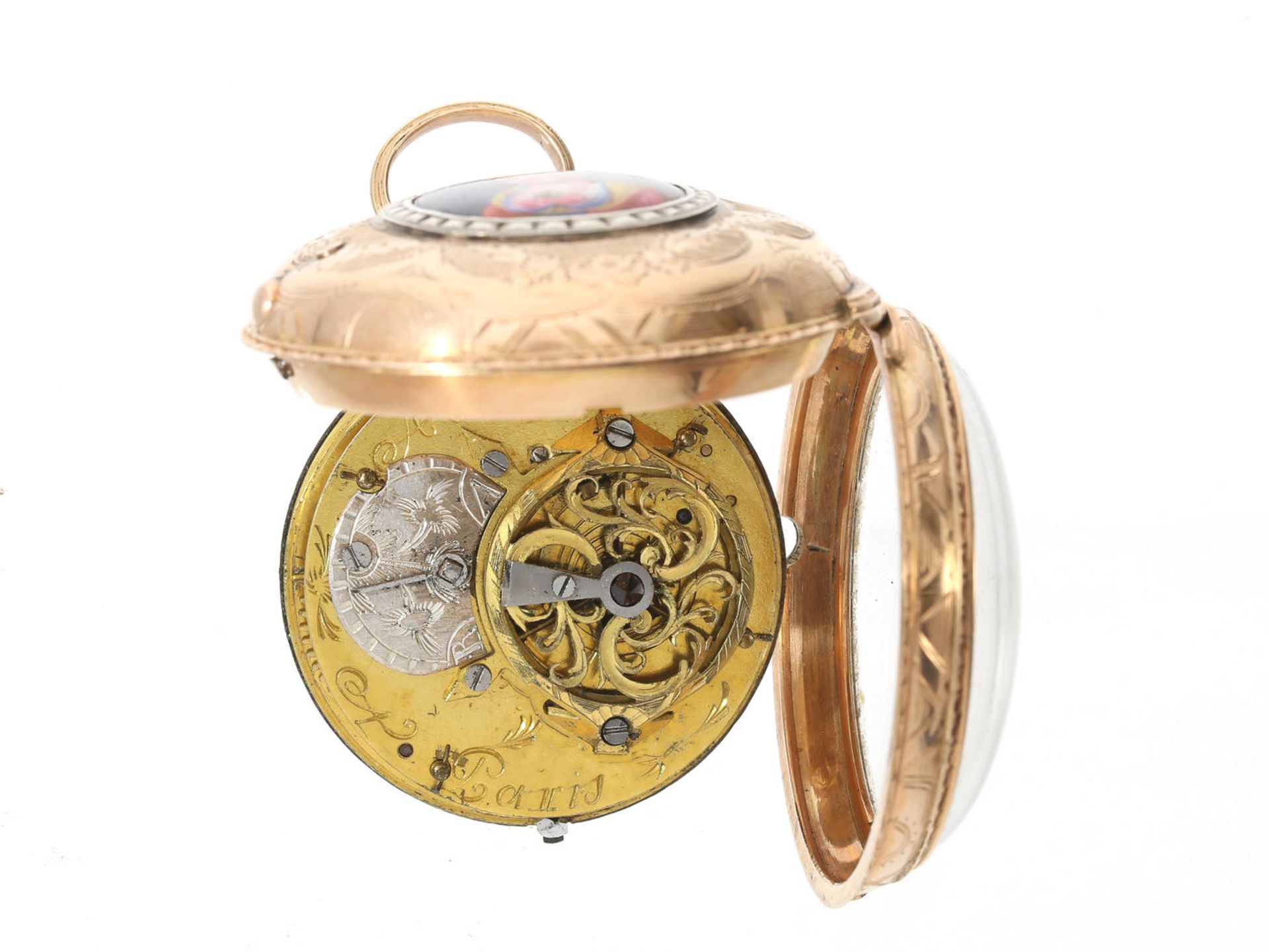 Taschenuhr: attraktive französische rotgoldene Spindeluhr mit Emaille-Medaillon und verglastem - Bild 2 aus 3