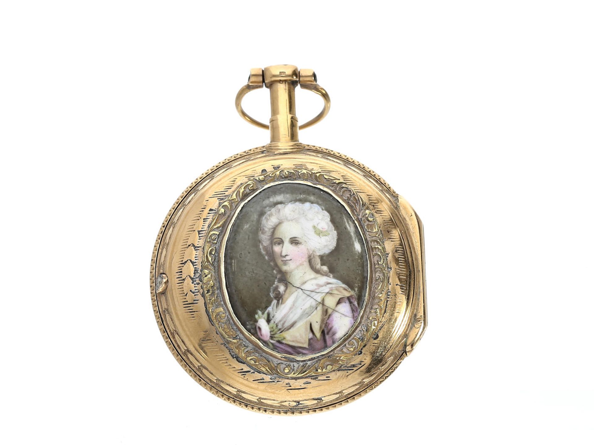 Taschenuhr: kleine, seltenen Gold/Emaille-Spindeluhr, signiert Bernier a Paris, ca.1780 Ca. Ø37mm,