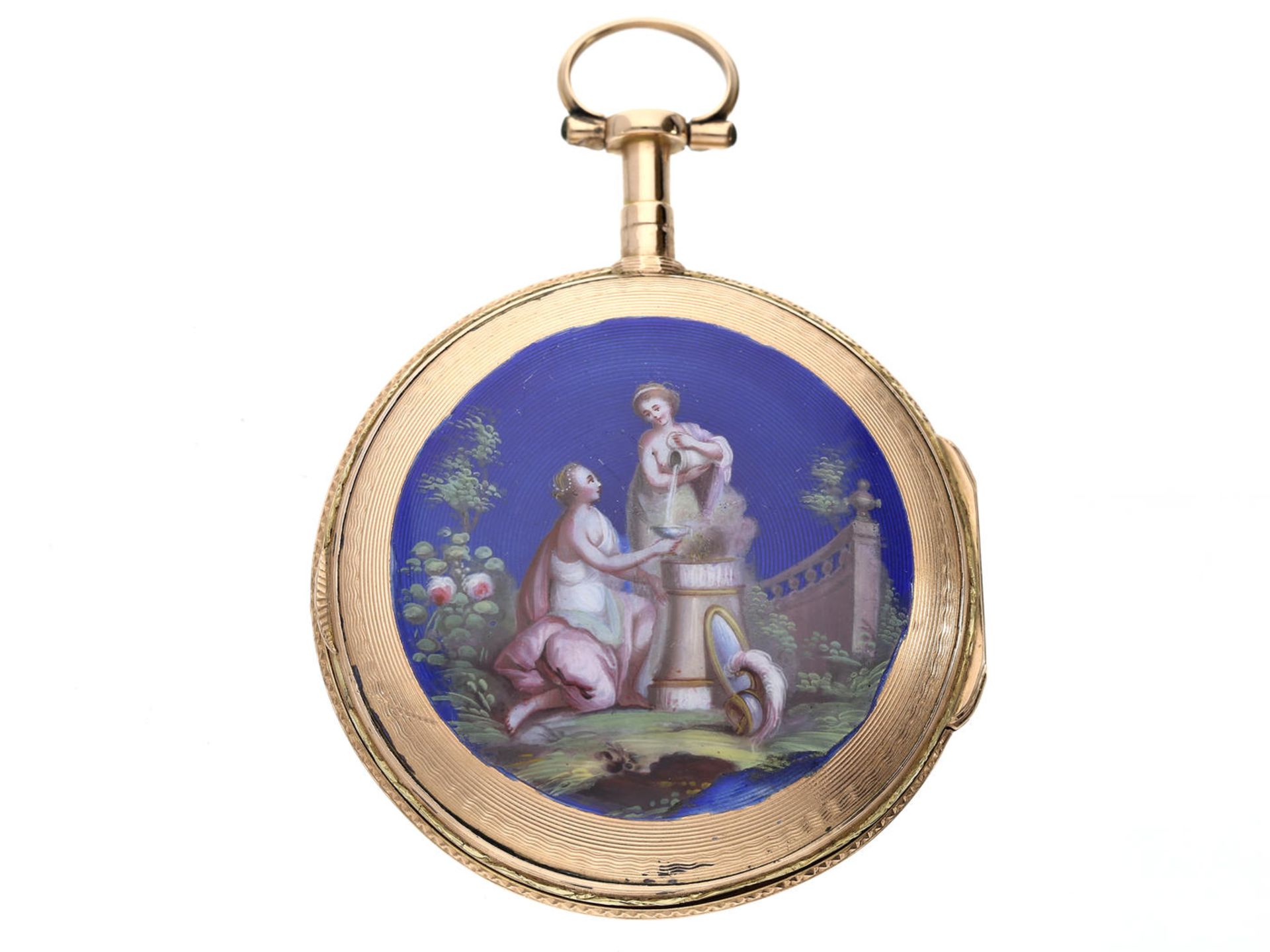 Taschenuhr: große, feine Gold/Emaille-Spindeluhr "Am Brunnen", Delorme Paris um 1780 Ca. Ø50mm,