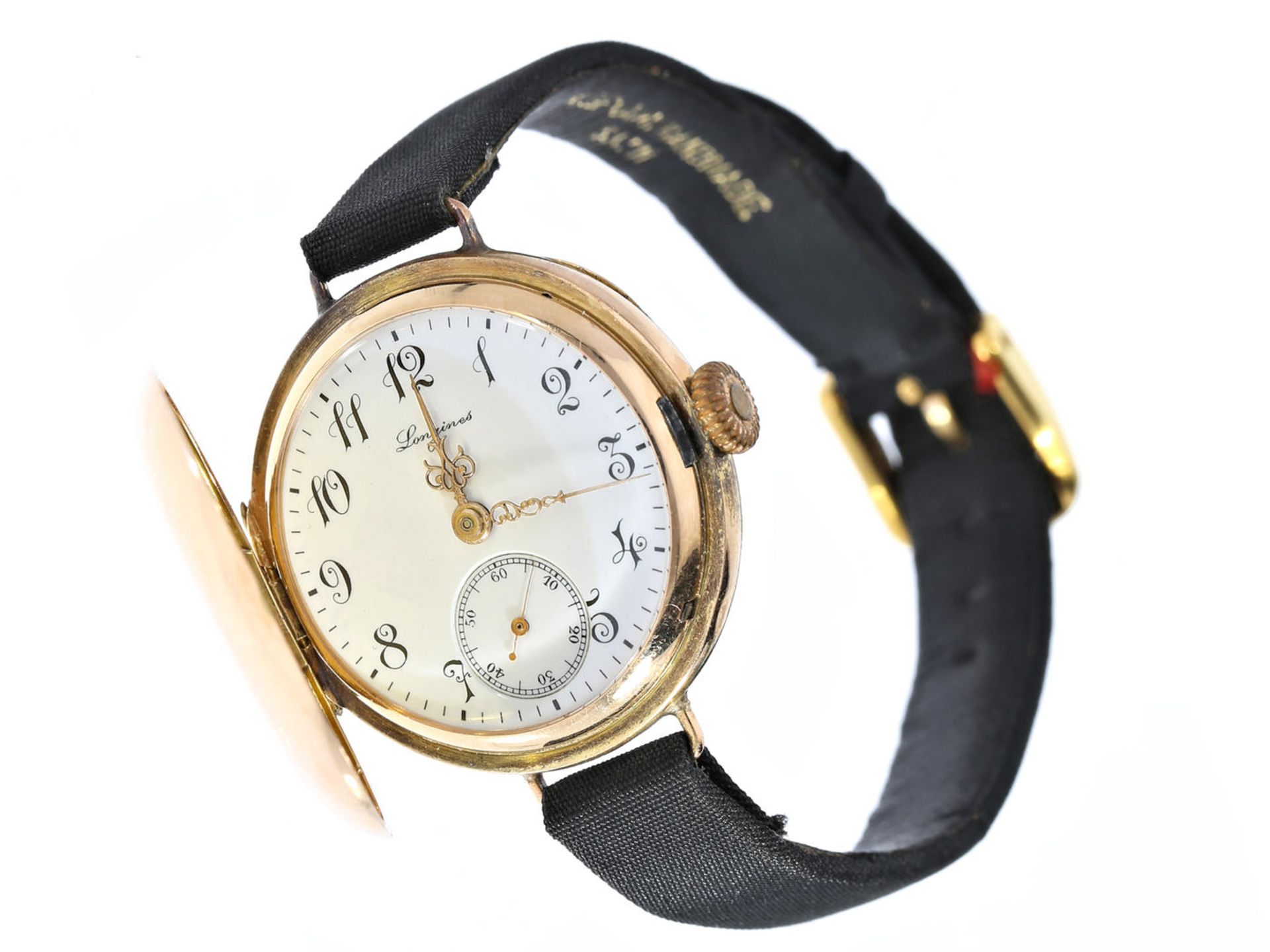 Armbanduhr: goldene Damensavonnette, um 1900, Marke Longines, Umbau von Taschenuhr auf Armbanduhr