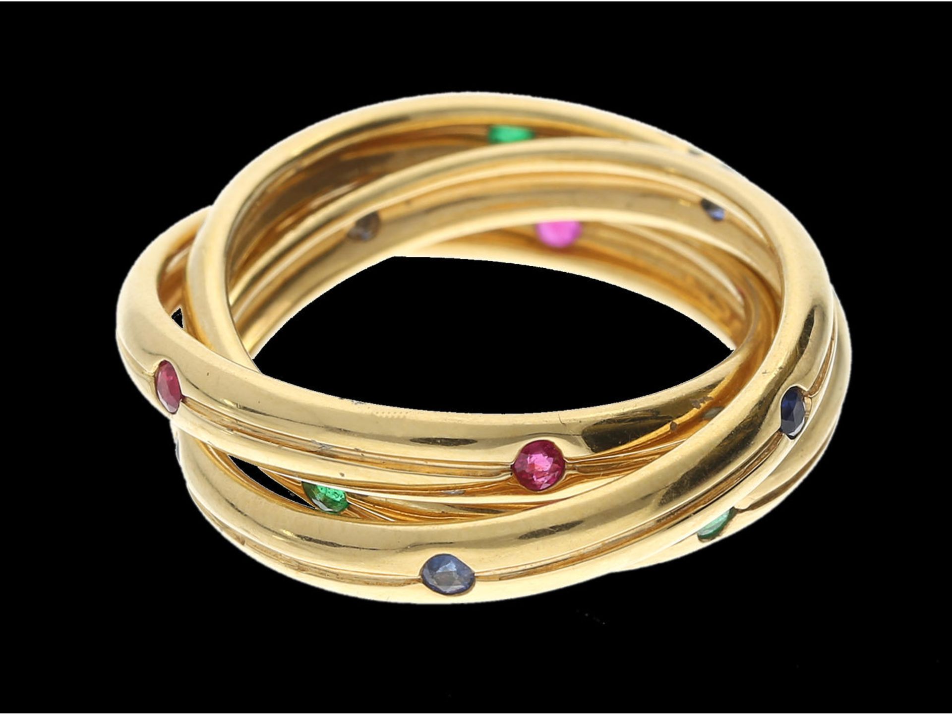 Ring: hochwertiger und ausgefallener Goldschmiedering mit Farbsteinen besetzt, Rubine, Smaragde