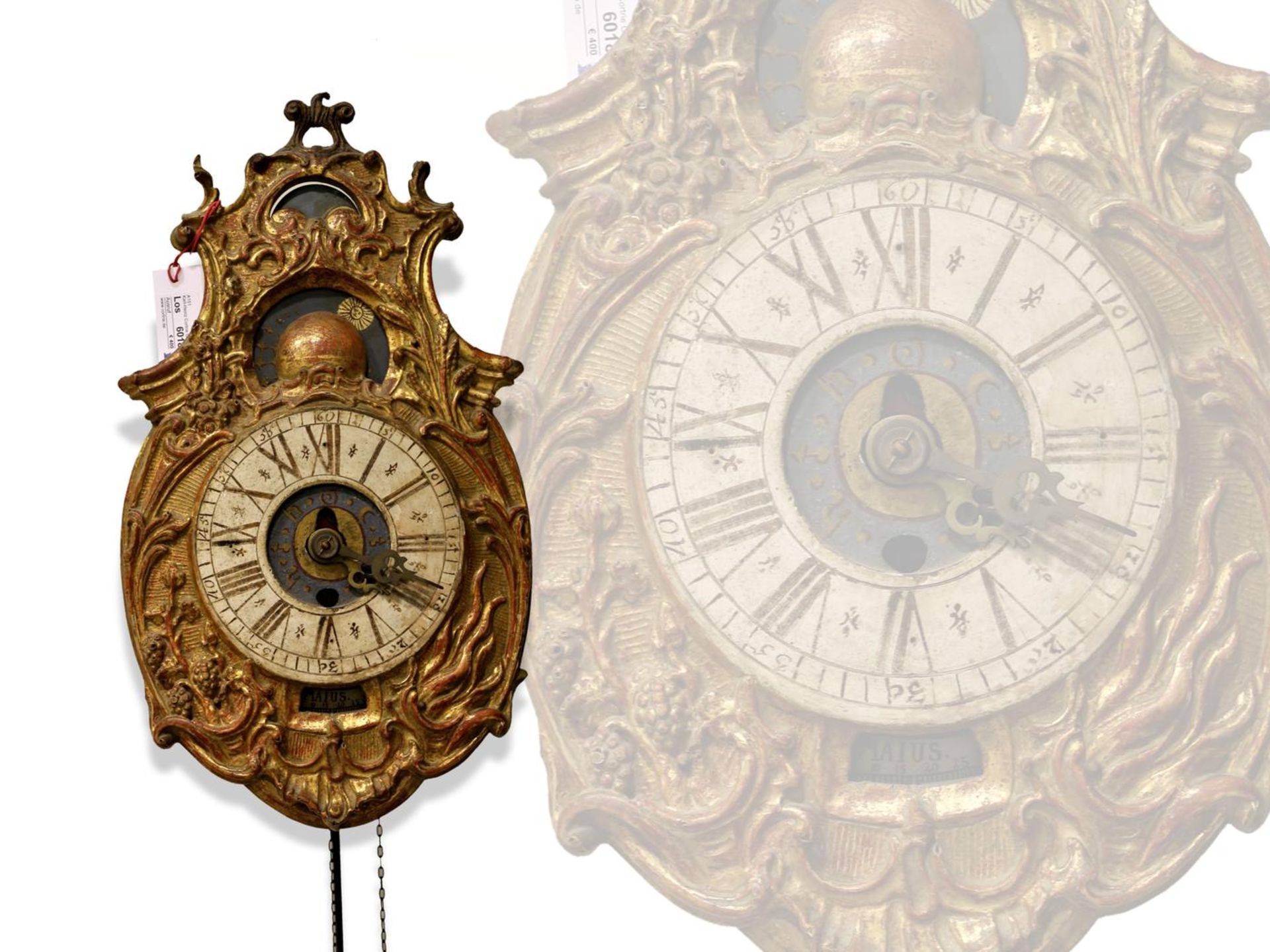 Wanduhr: astronomische Wanduhr, vermutlich norddeutsch, 18.Jh. Ca. 48cm lang, bemaltes