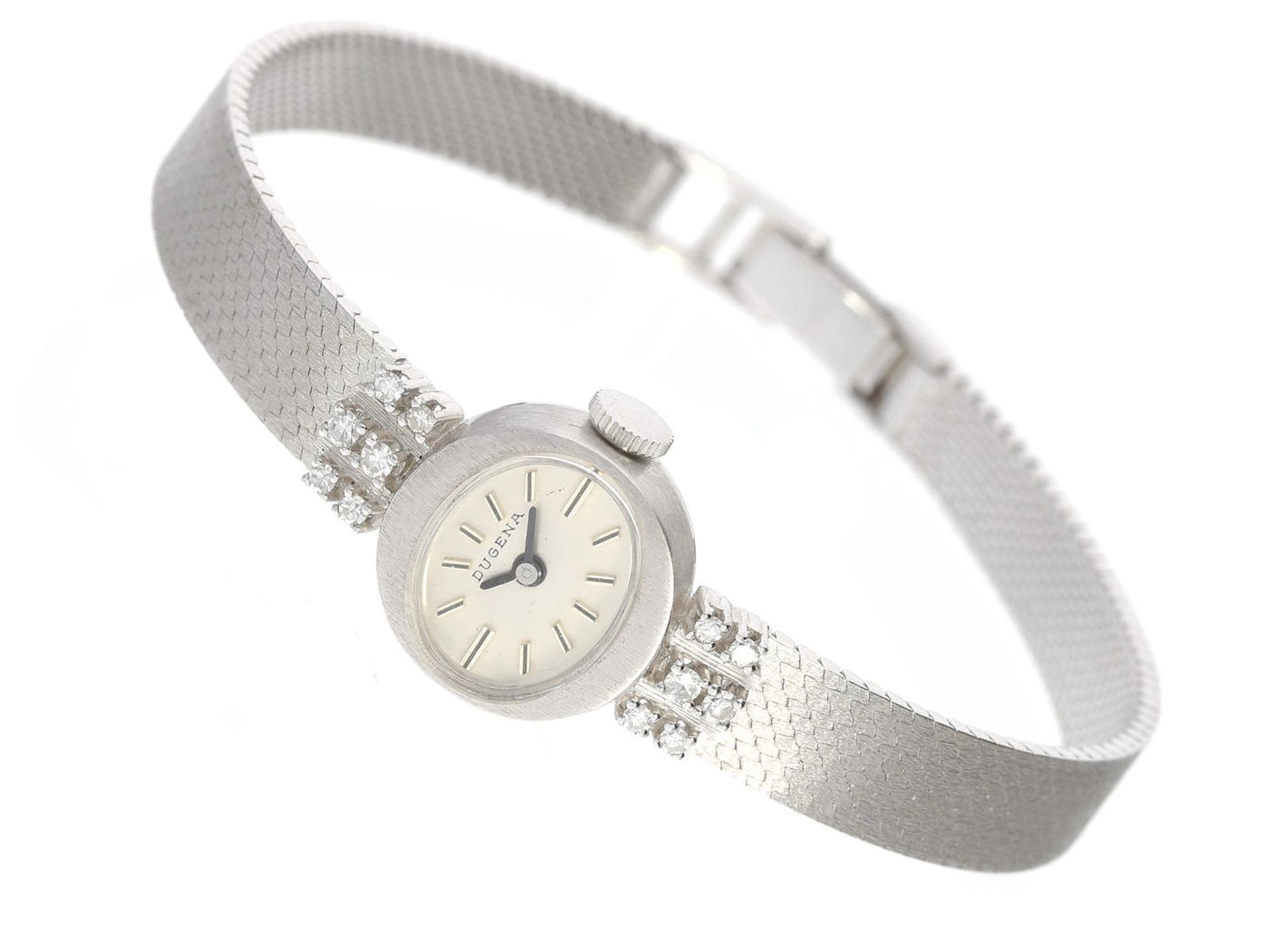 Armbanduhr: außergewöhnliche, weißgoldene vintage Damenuhr der Marke "Dugena", ungetragen, new-old-