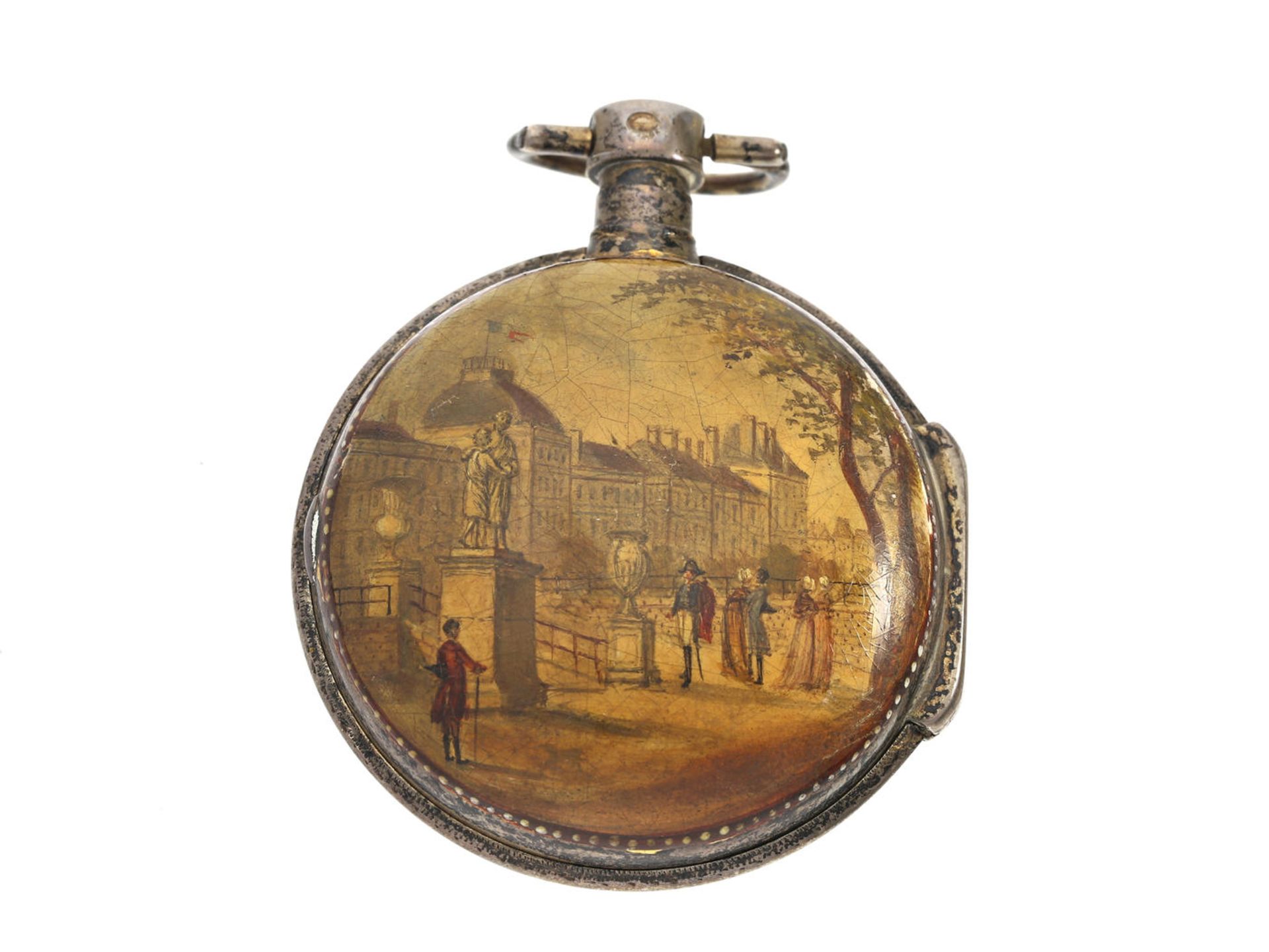 Taschenuhr: seltene Spindeluhr mit rückseitiger Malerei, Napoleonszene, um 1800 Ca. Ø48mm, ca.