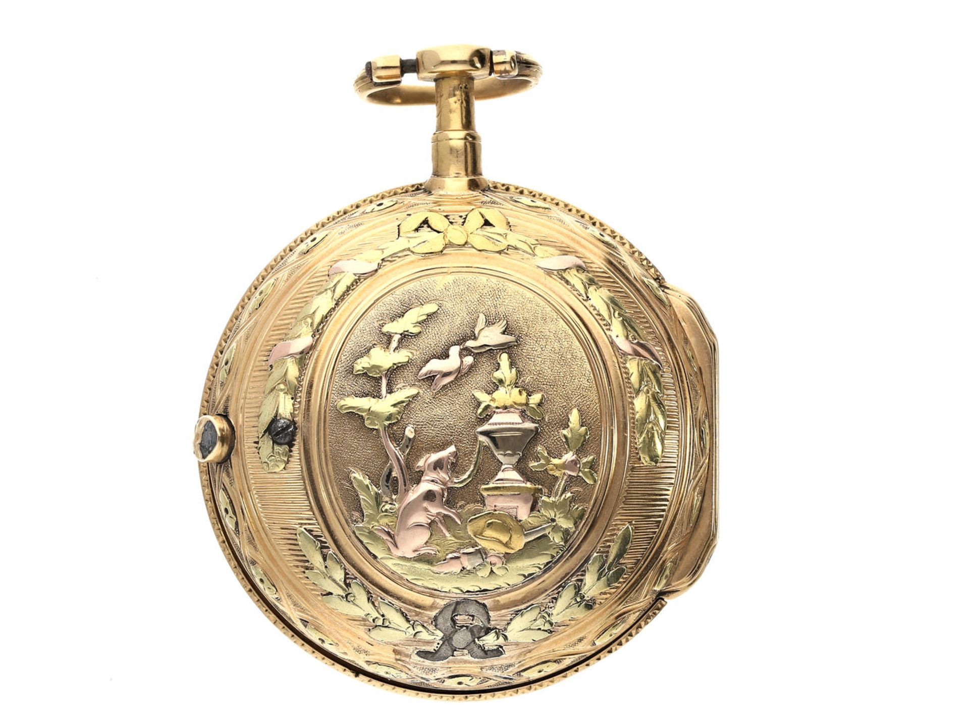 Taschenuhr: feine 4-Farben-Goldspindeluhr, Frankreich um 1775, Dechevaux a Caen No.177 Ca. Ø40mm,